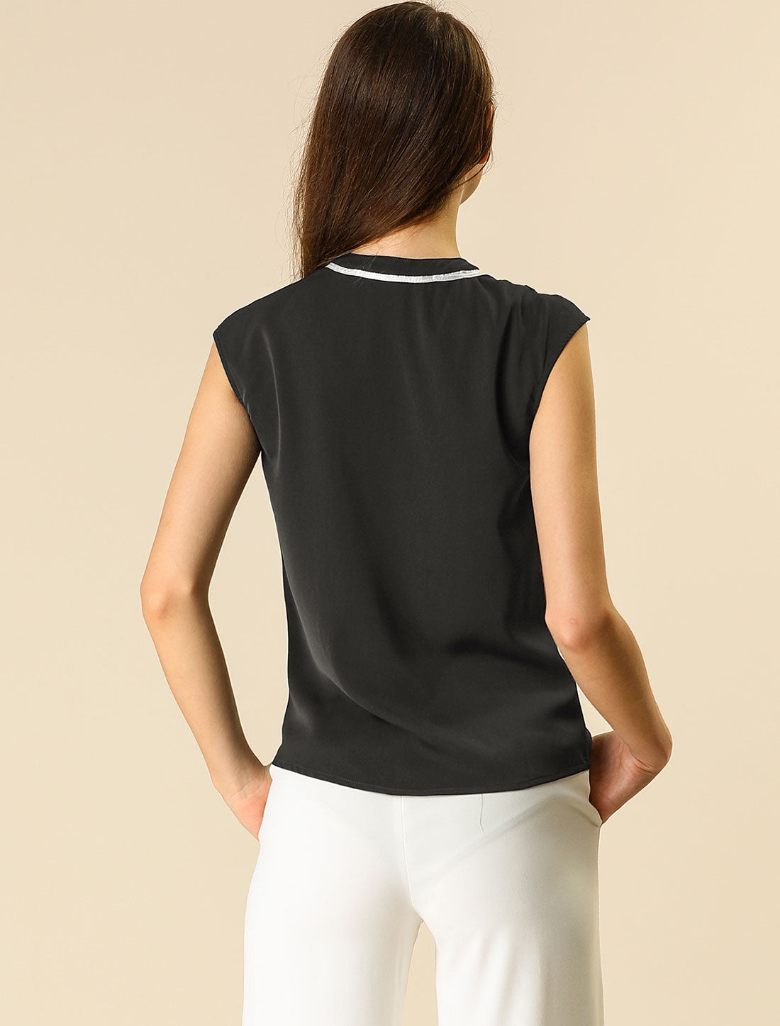 Women's Summer Tie Neck Ruffle Sleeveless Button Down Blouse Shirt