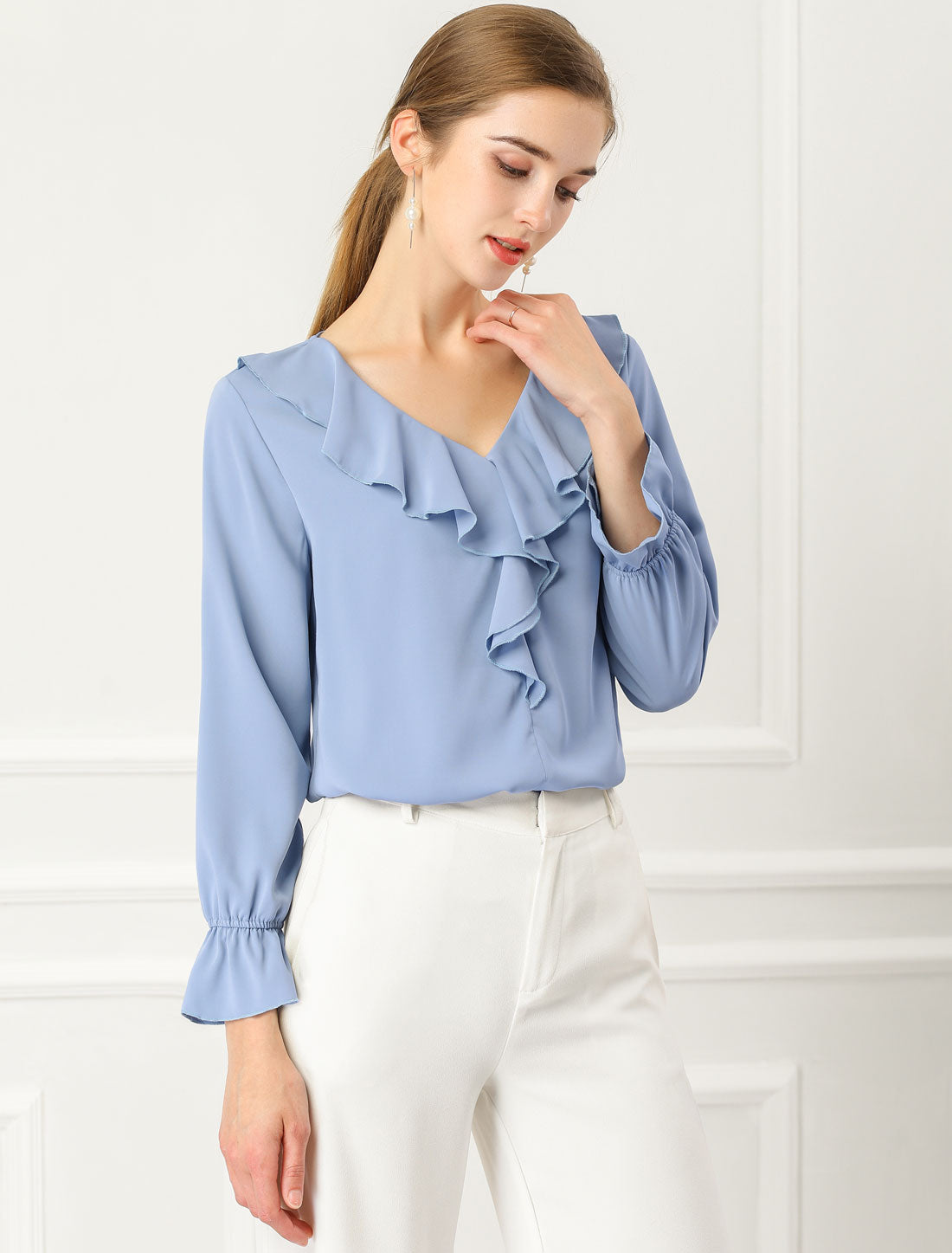 Women's Ruffle Blouse Elegant V Neck Long Sleeve Casual Dressy Top (Available in Plus Size)