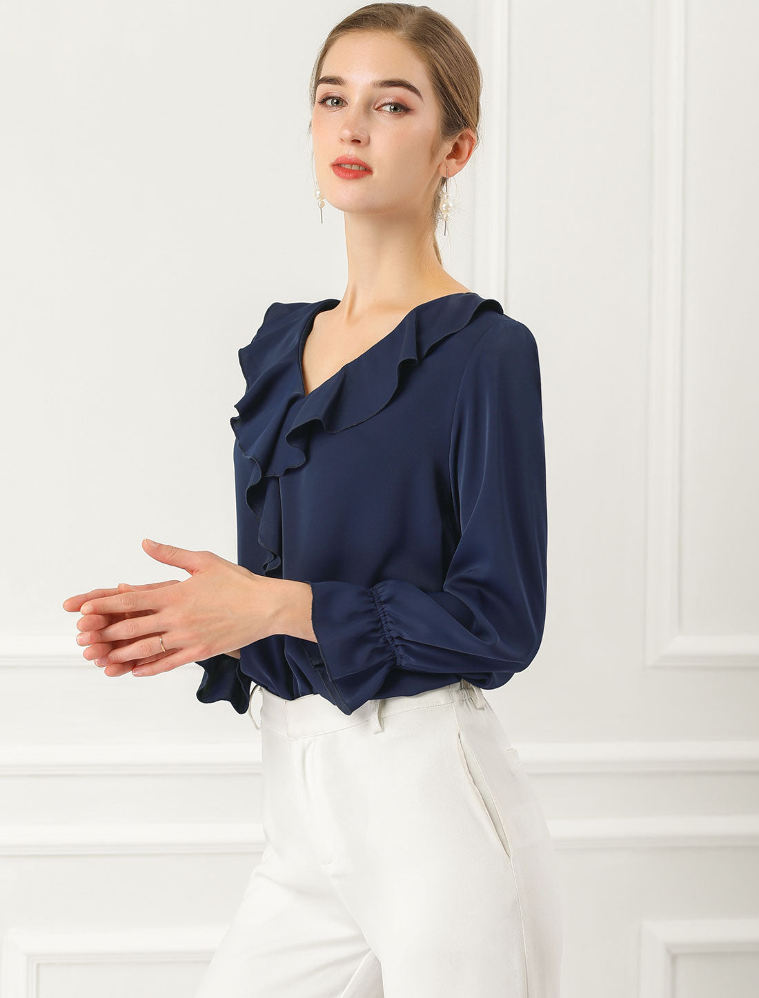 Women's Ruffle Blouse Elegant V Neck Long Sleeve Casual Dressy Top