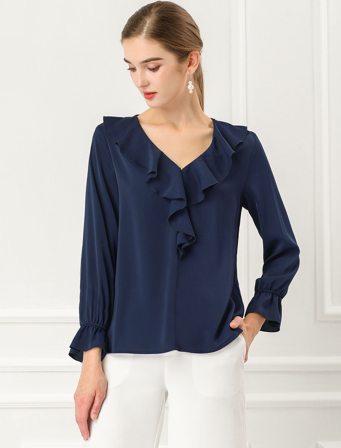 Women's Ruffle Blouse Elegant V Neck Long Sleeve Casual Dressy Top