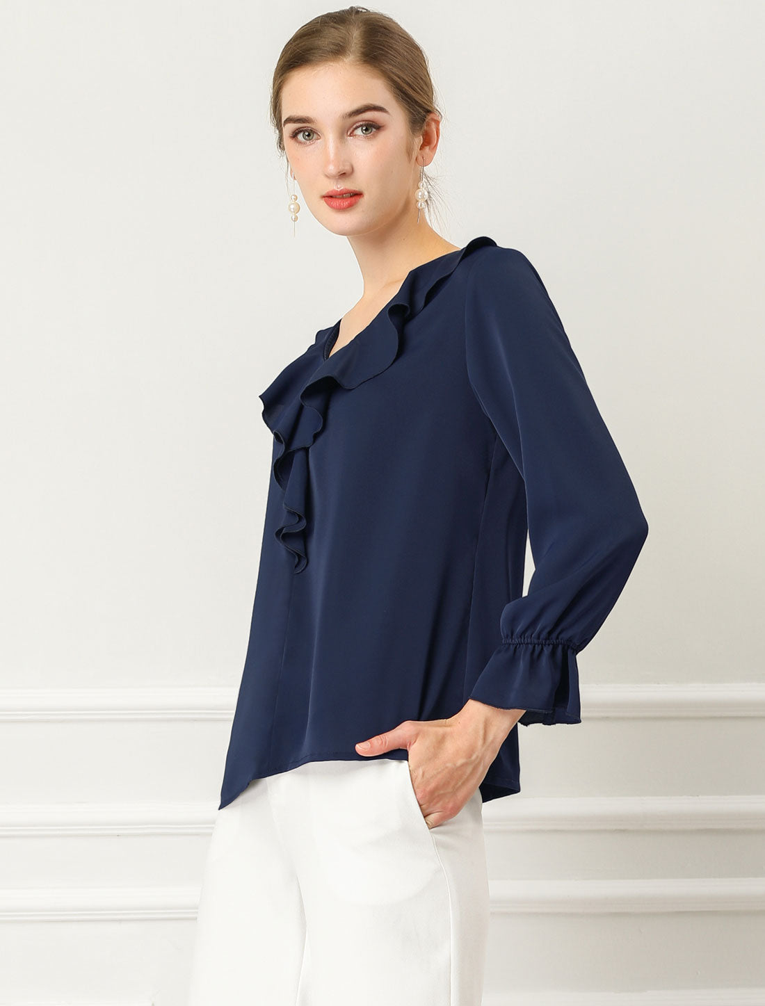 Women's Ruffle Blouse Elegant V Neck Long Sleeve Casual Dressy Top