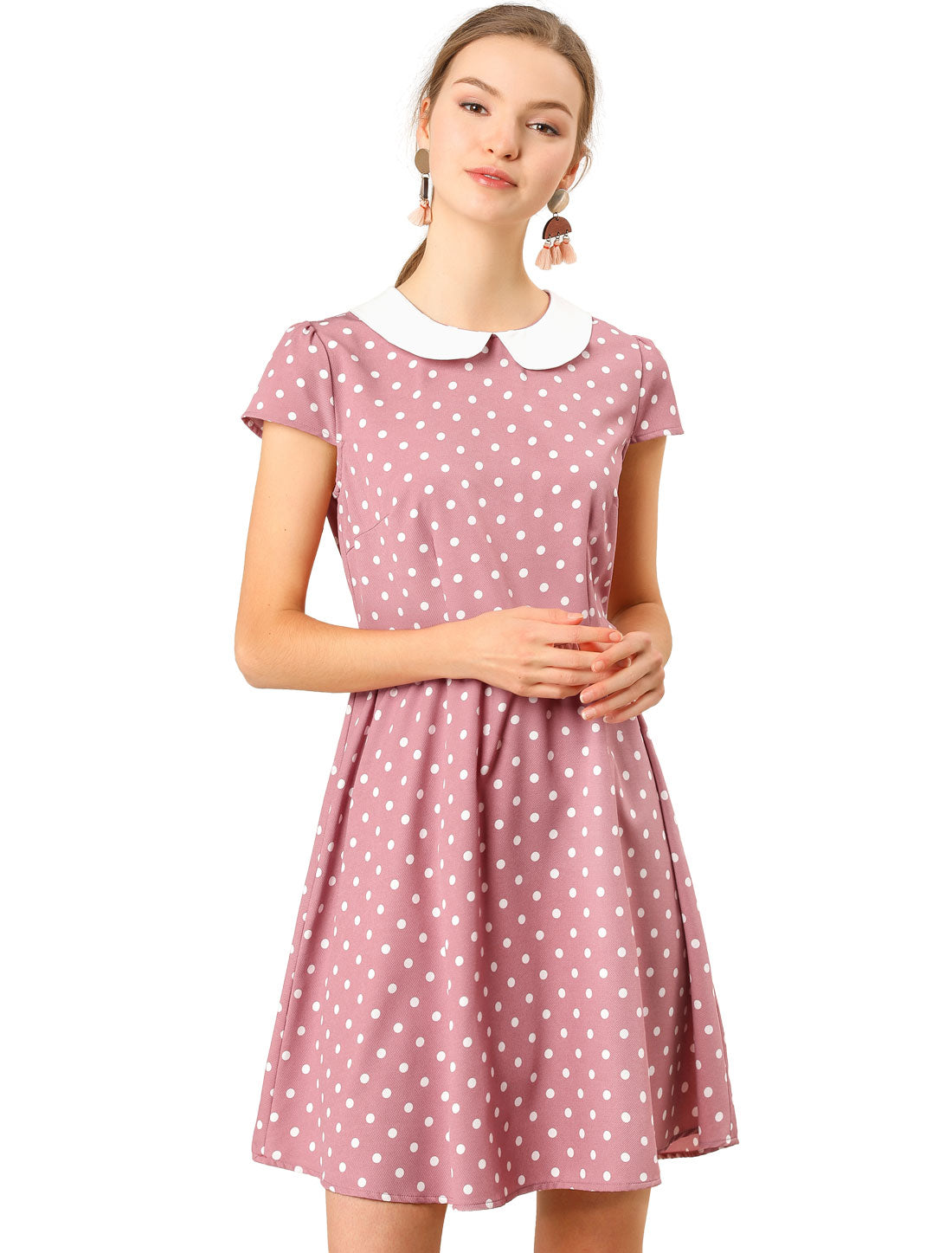 Women's Peter Pan Collar Short Sleeves Contrast A-Line Polka Dots Dress