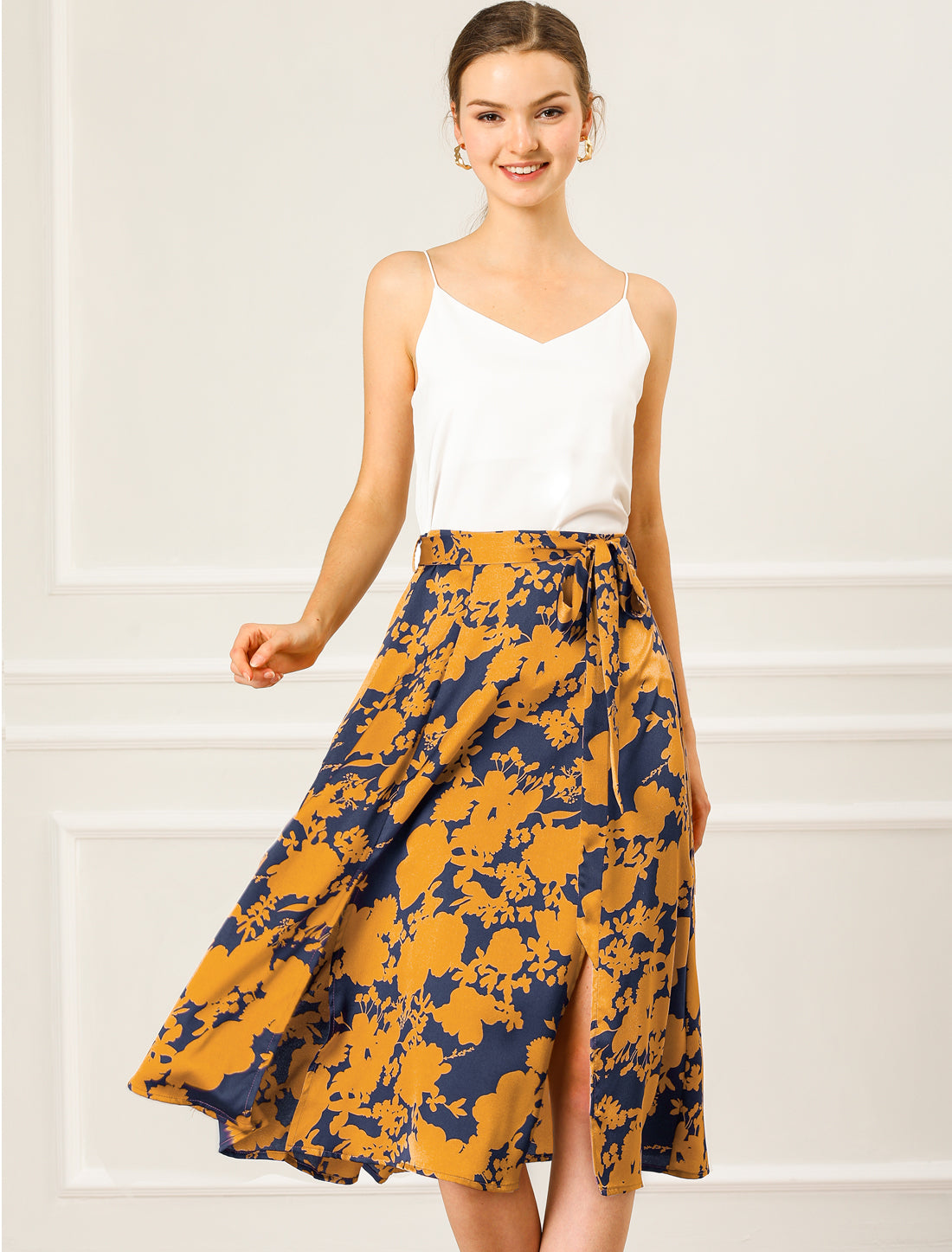 Women's Slits Front High Waist A-Line Belted Floral Flowy Midi Skirt