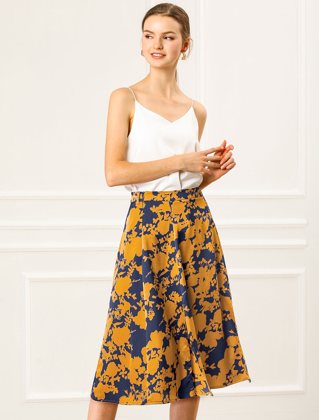 Women's Slits Front High Waist A-Line Belted Floral Flowy Midi Skirt
