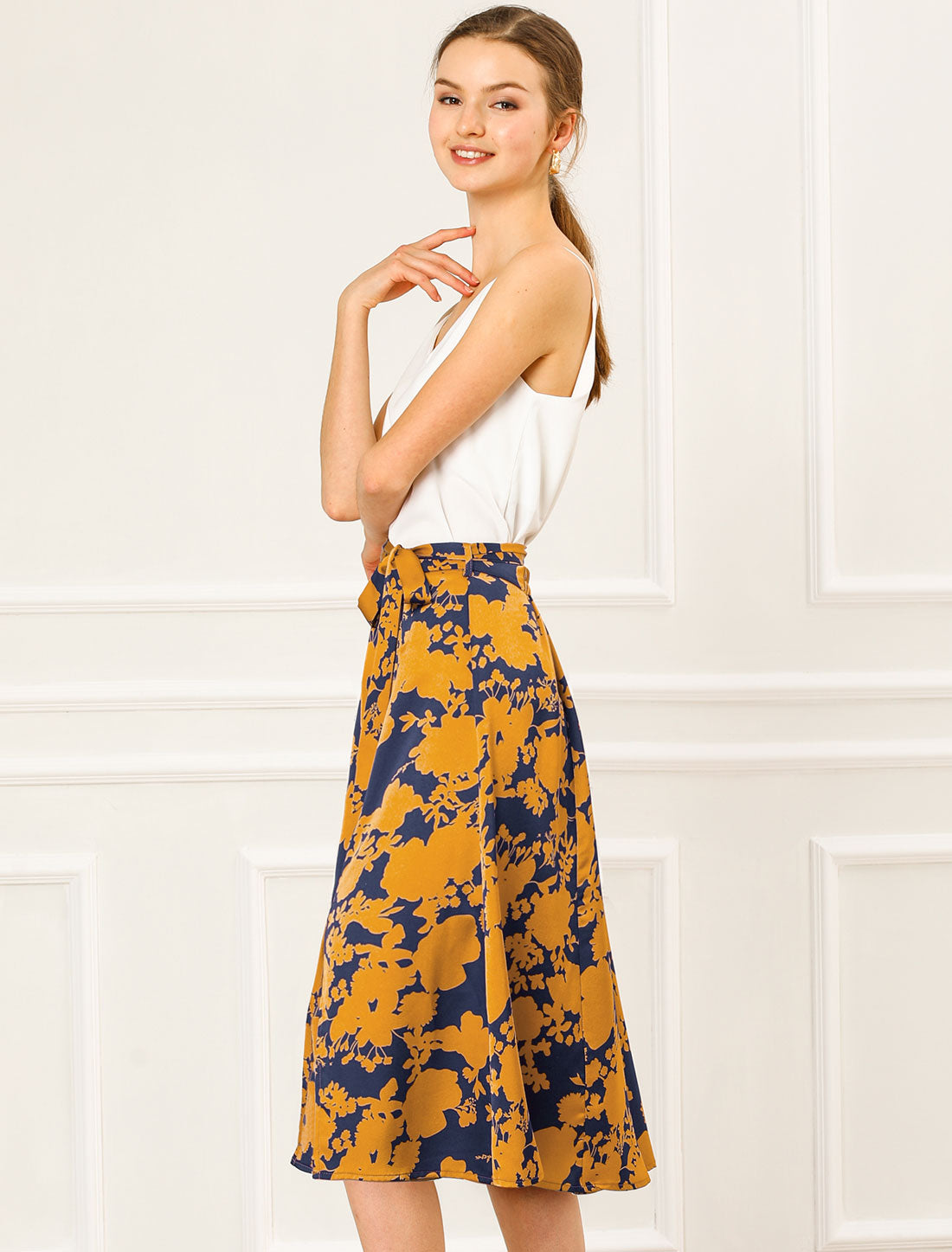 Women's Slits Front High Waist A-Line Belted Floral Flowy Midi Skirt