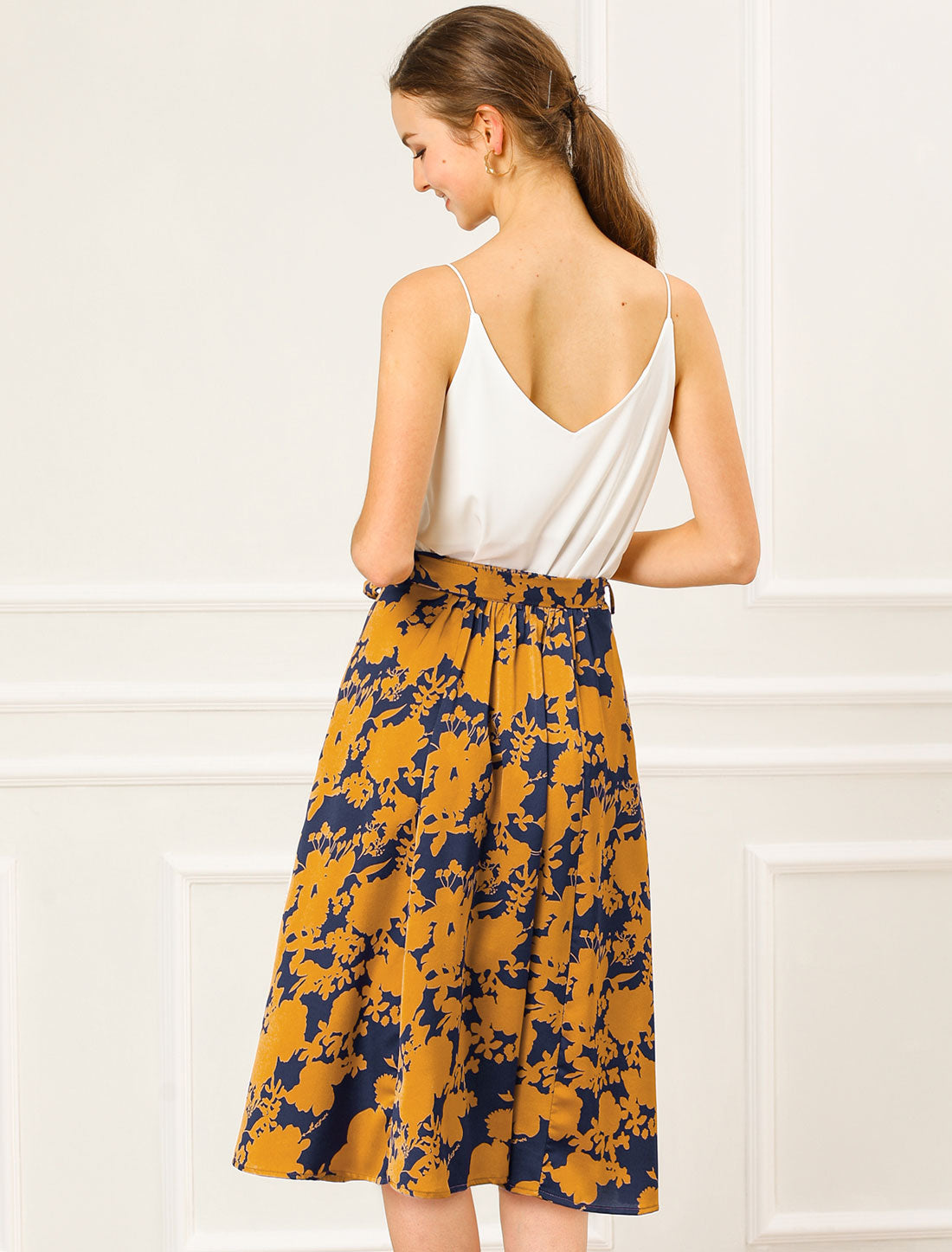 Women's Slits Front High Waist A-Line Belted Floral Flowy Midi Skirt