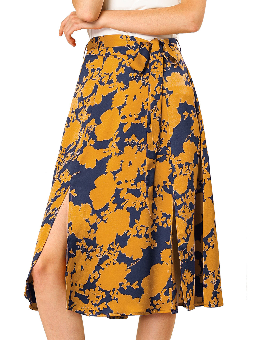 Women's Slits Front High Waist A-Line Belted Floral Flowy Midi Skirt