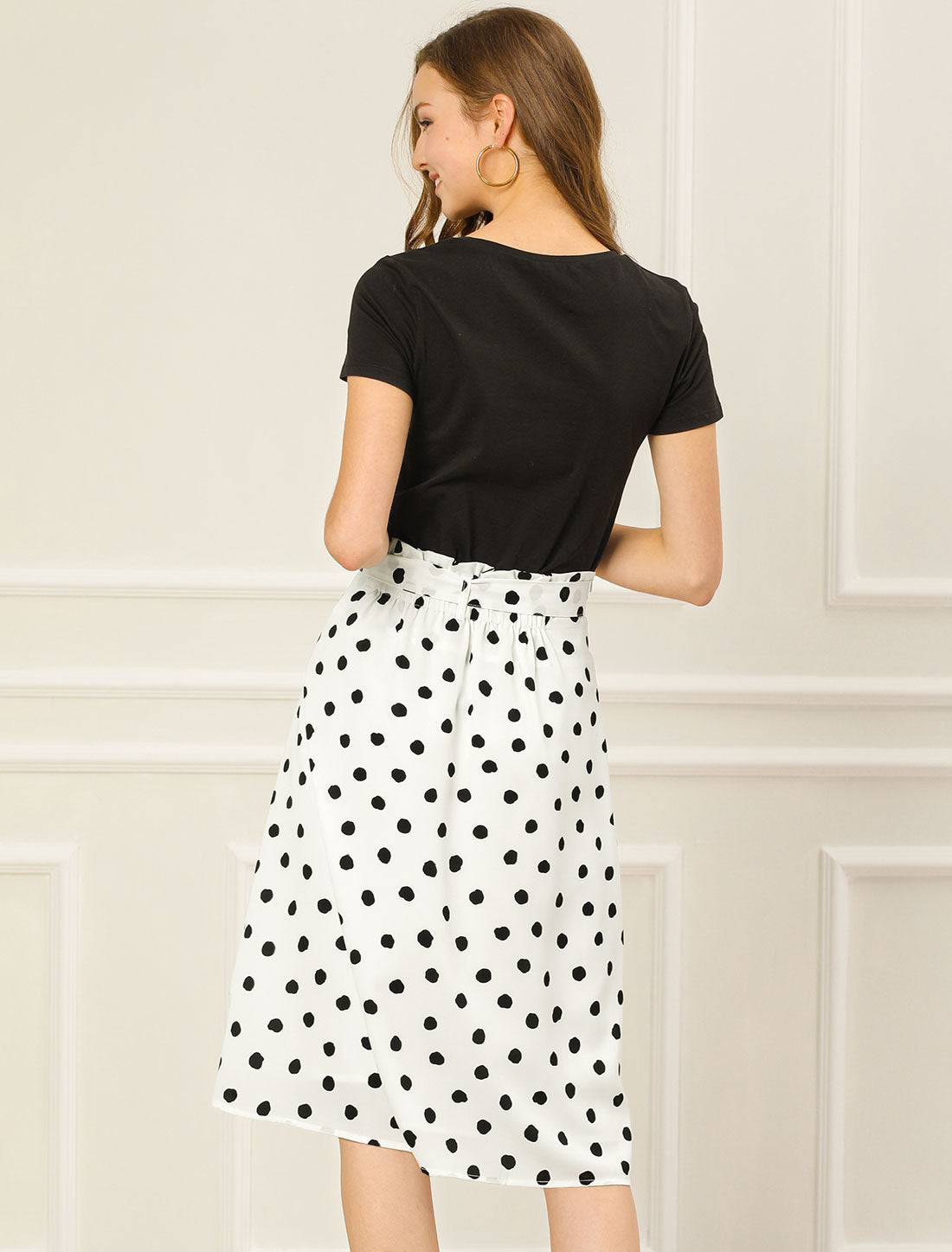 Women's Retro Belted Elastic High Waist A-Line Printed Midi Skirt