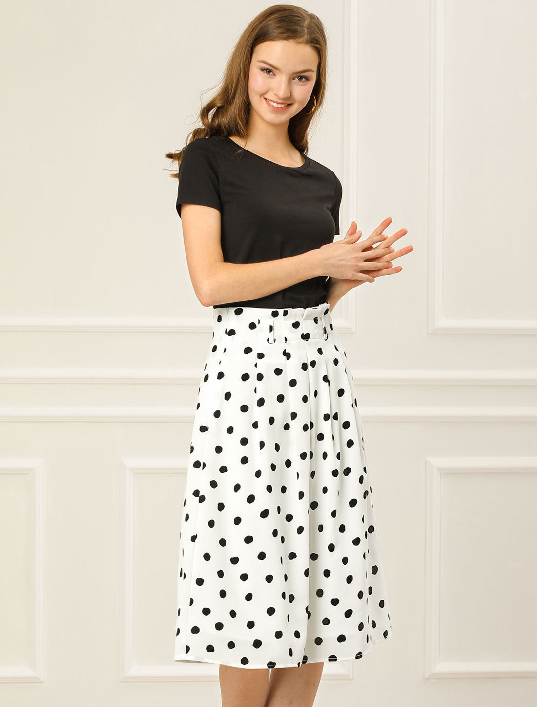 Women's Retro Belted Elastic High Waist A-Line Printed Midi Skirt
