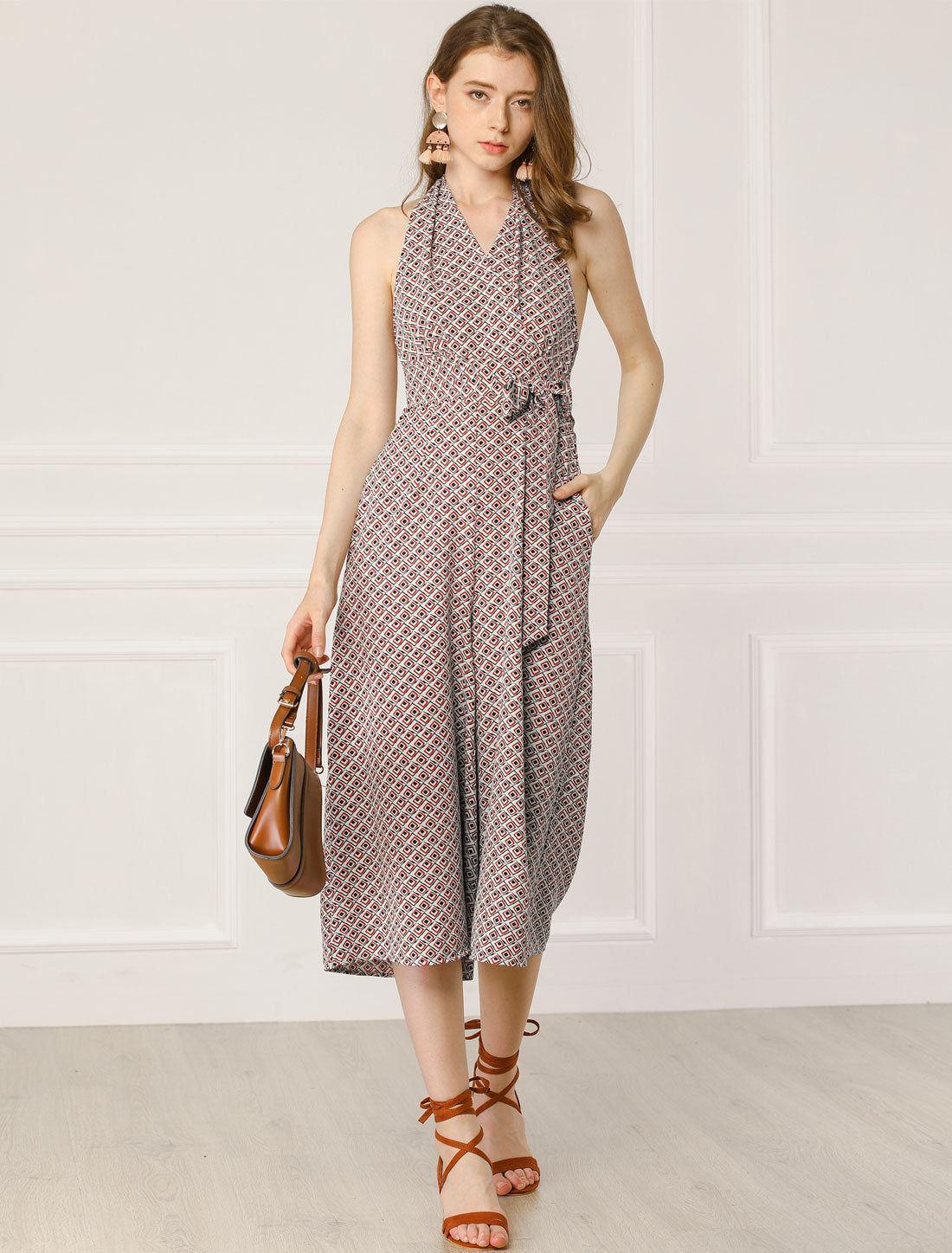 Women's Cropped Wide Leg Jumpsuit Halter Sleeveless Backless Plaid Tile Crop Jumpsuits