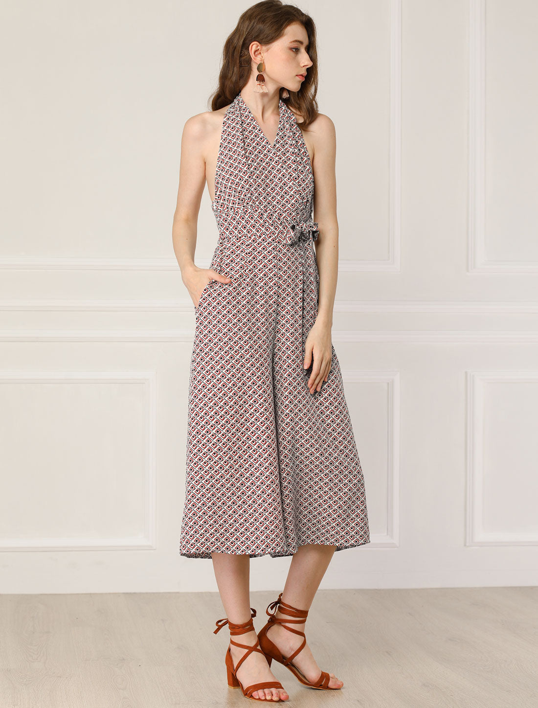 Women's Cropped Wide Leg Jumpsuit Halter Sleeveless Backless Plaid Tile Crop Jumpsuits