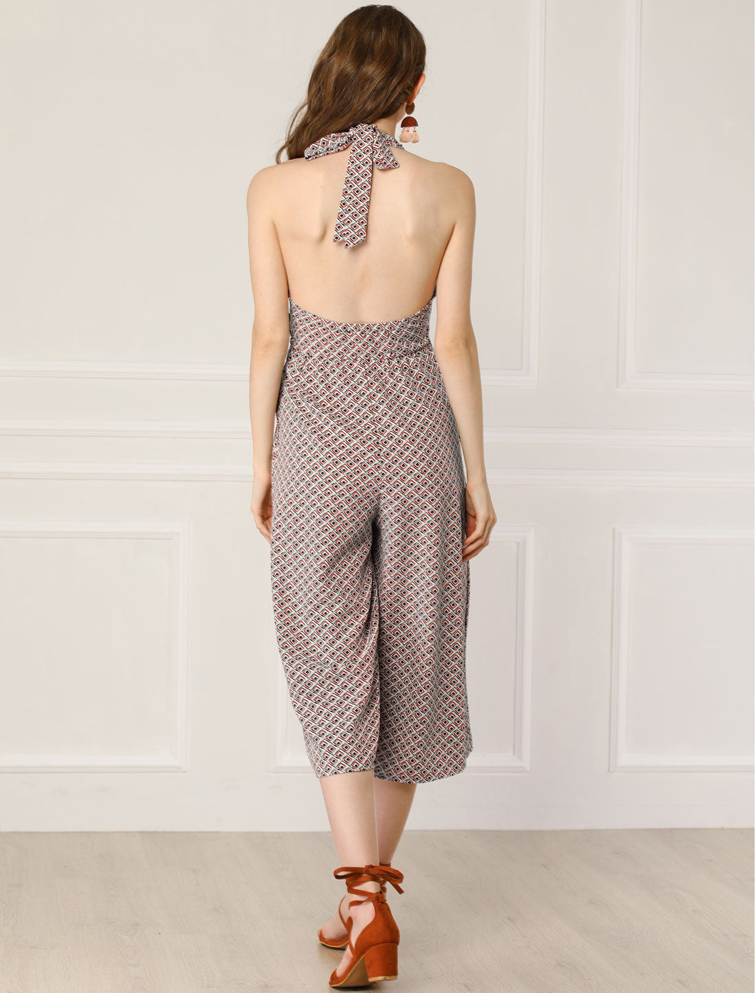 Women's Cropped Wide Leg Jumpsuit Halter Sleeveless Backless Plaid Tile Crop Jumpsuits