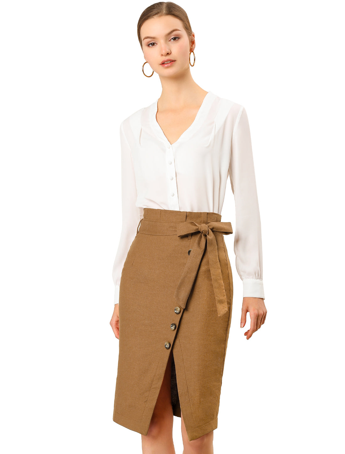 Women's Pencil Skirt High Waisted Slit Button Decor Belted Work Skirts