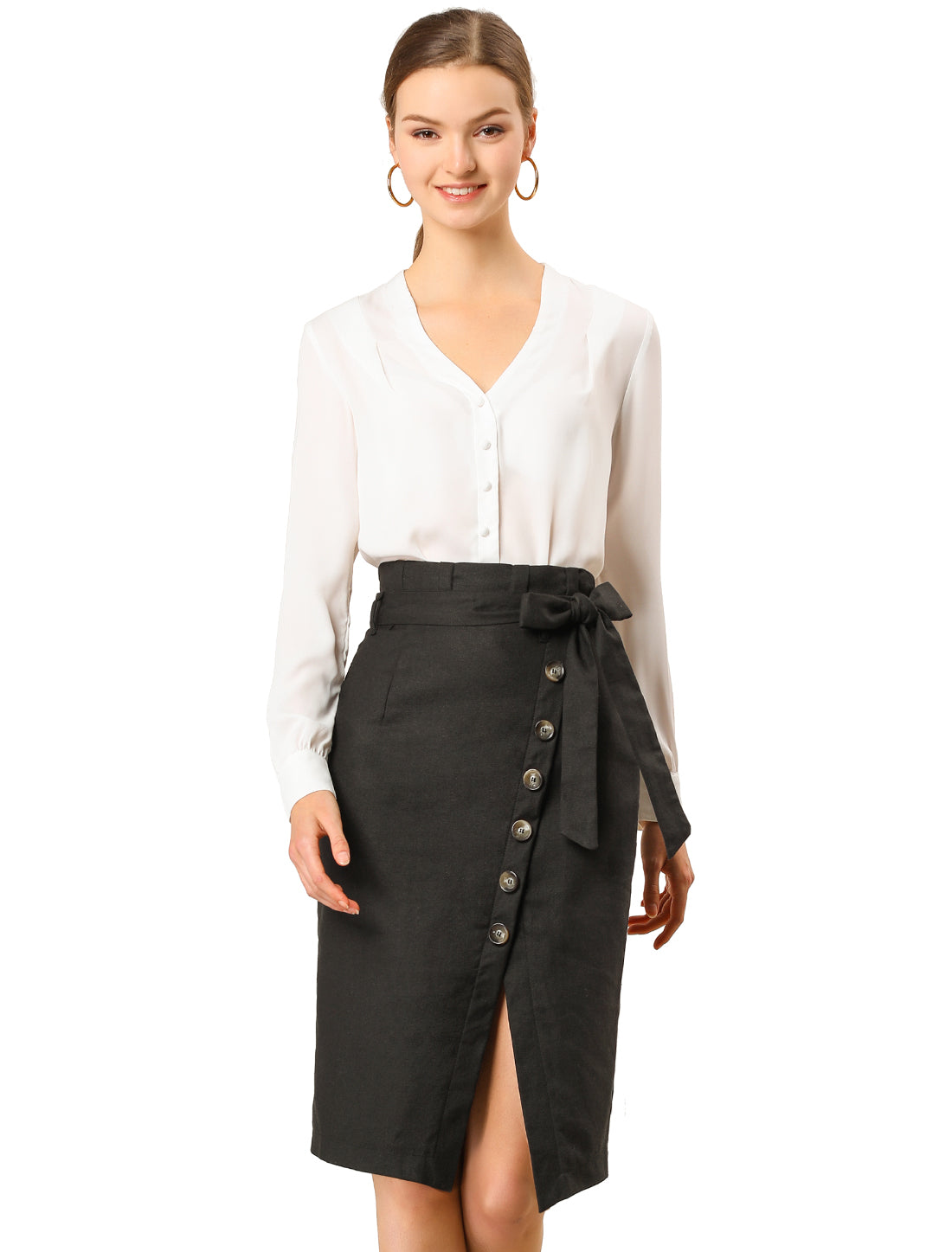 Women's Pencil Skirt High Waisted Slit Button Decor Belted Work Skirts