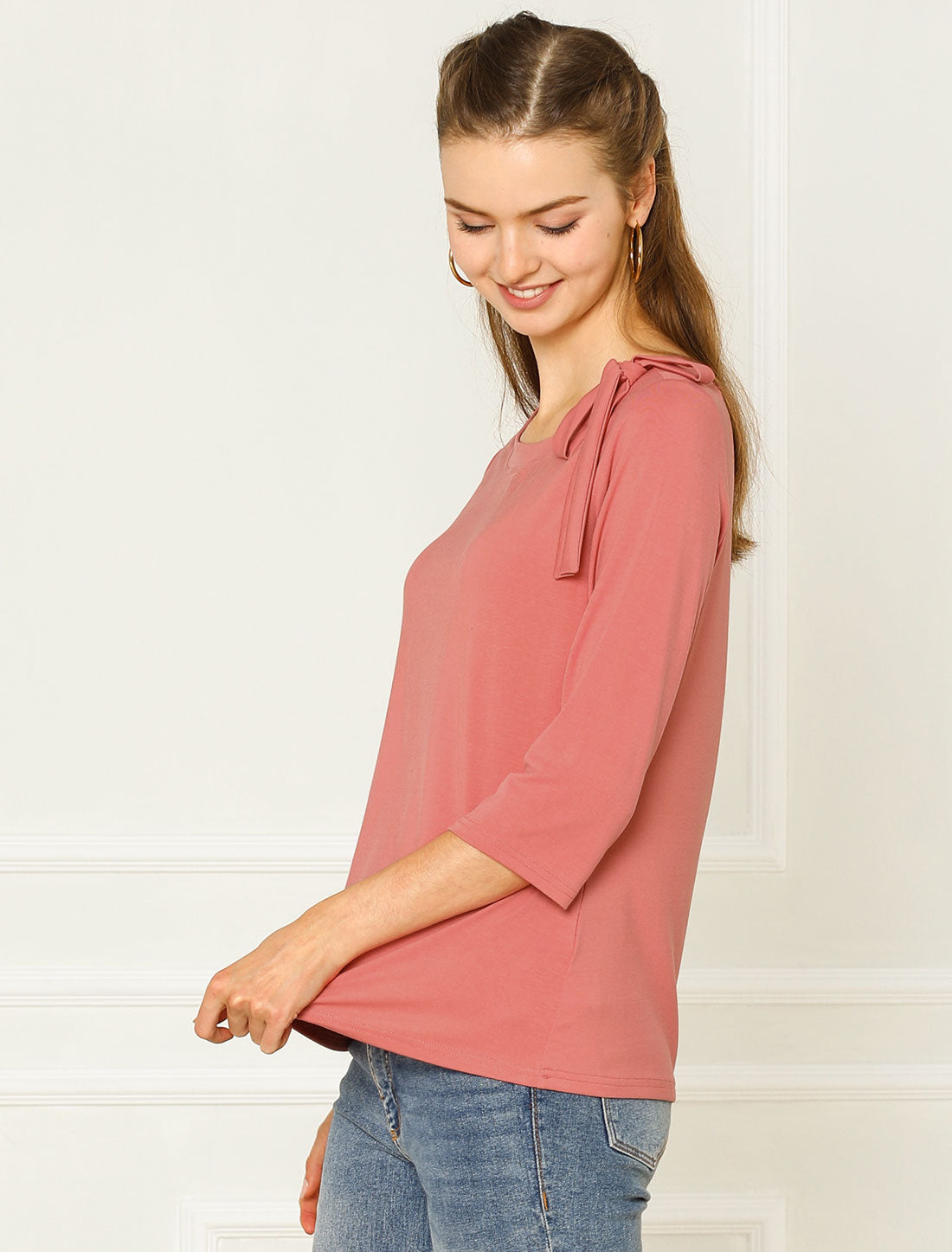 Women's Solid Color 3/4 Sleeves Boat Neck Casual Tee Top