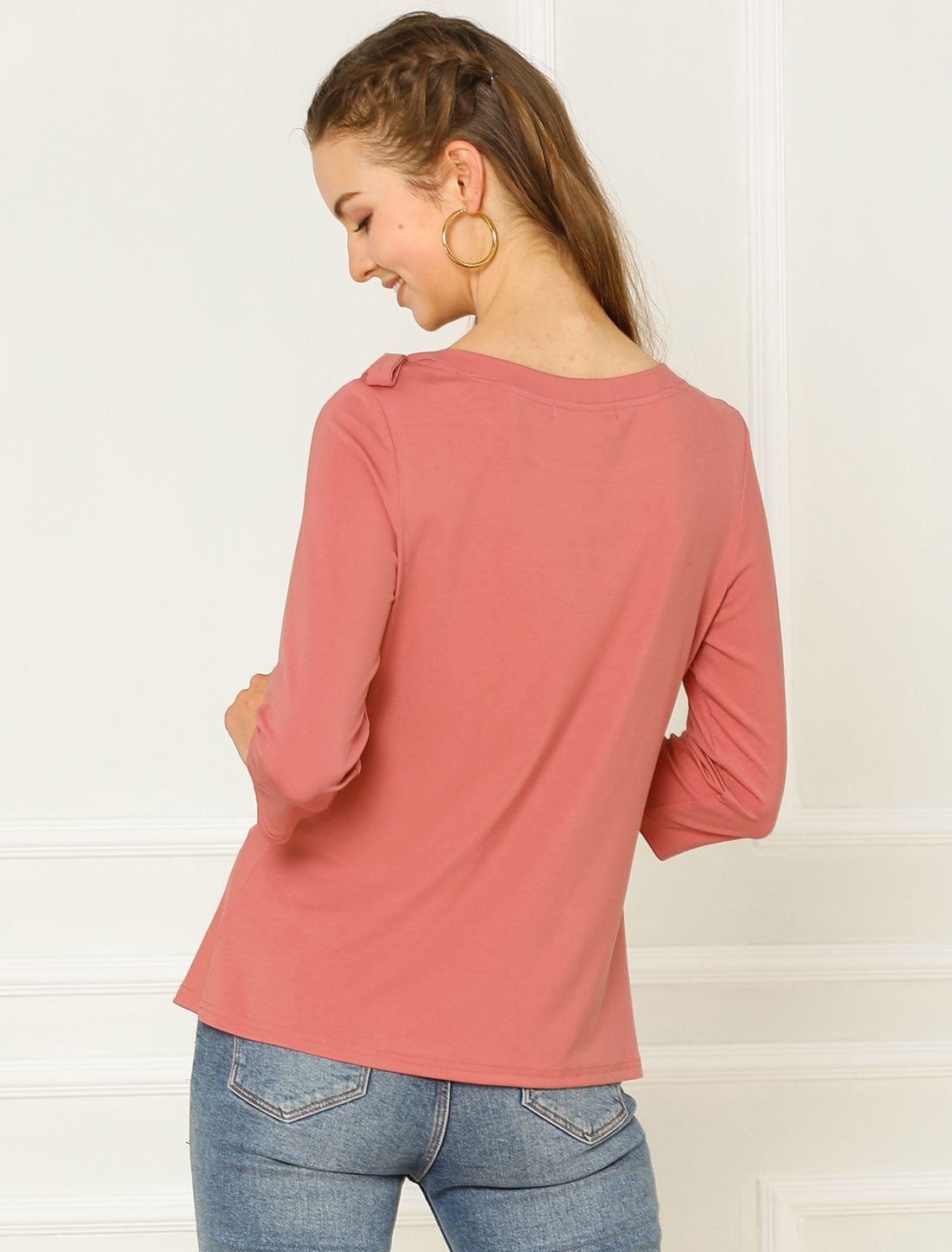 Women's Solid Color 3/4 Sleeves Boat Neck Casual Tee Top