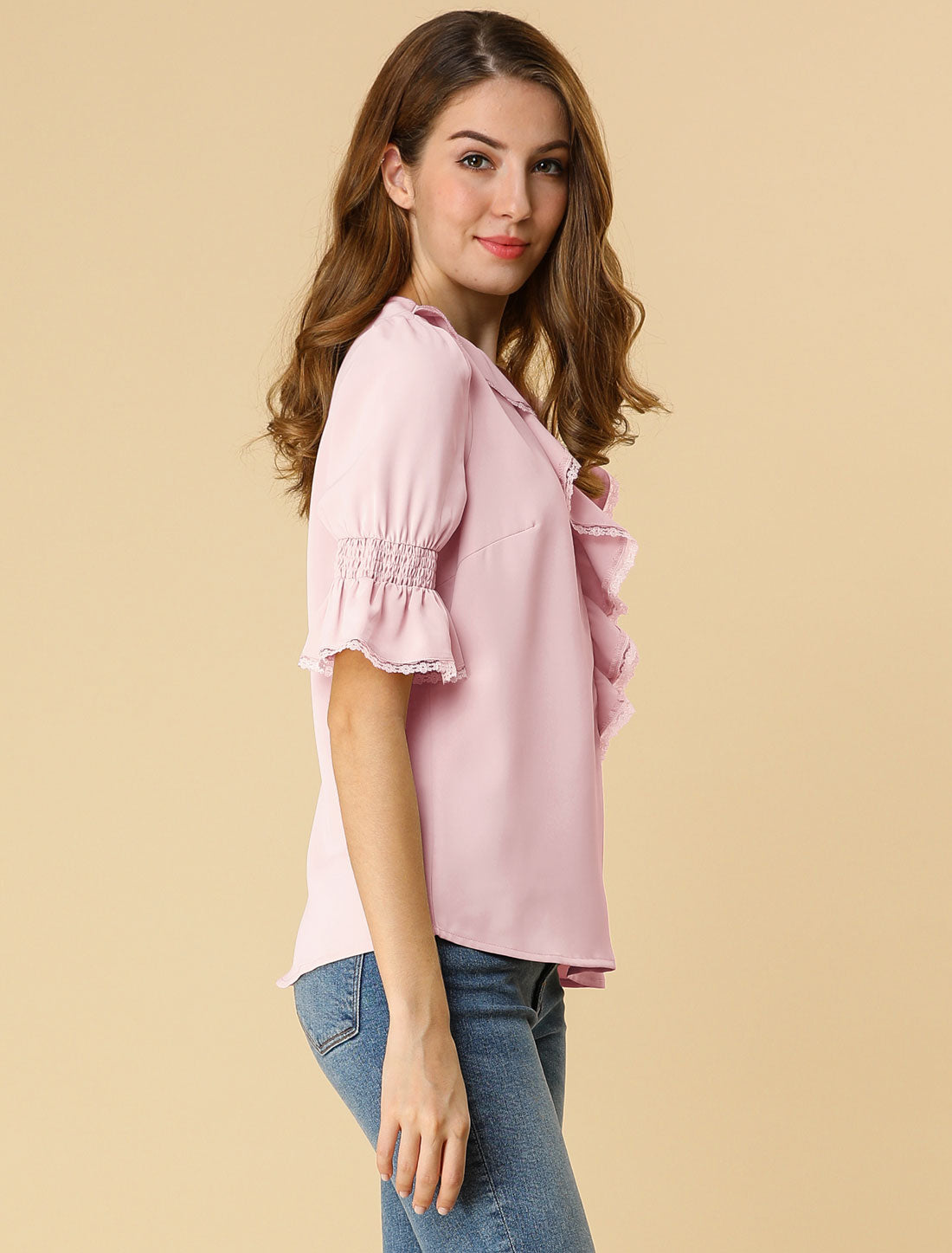 Women's Ruffle V Neck Puff Sleeve Blouse Summer Casual Chiffon Top (Available in Plus Size)