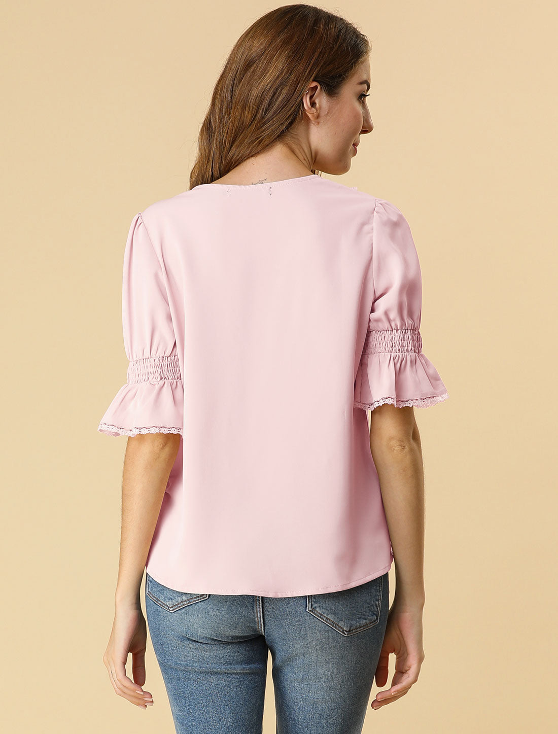 Women's Ruffle V Neck Puff Sleeve Blouse Summer Casual Chiffon Top (Available in Plus Size)