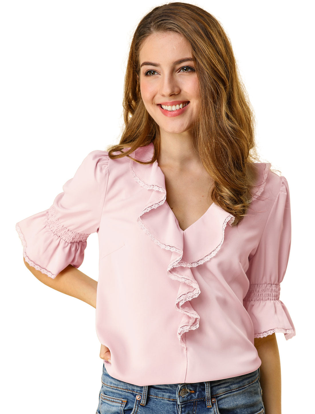 Women's Ruffle V Neck Puff Sleeve Blouse Summer Casual Chiffon Top (Available in Plus Size)