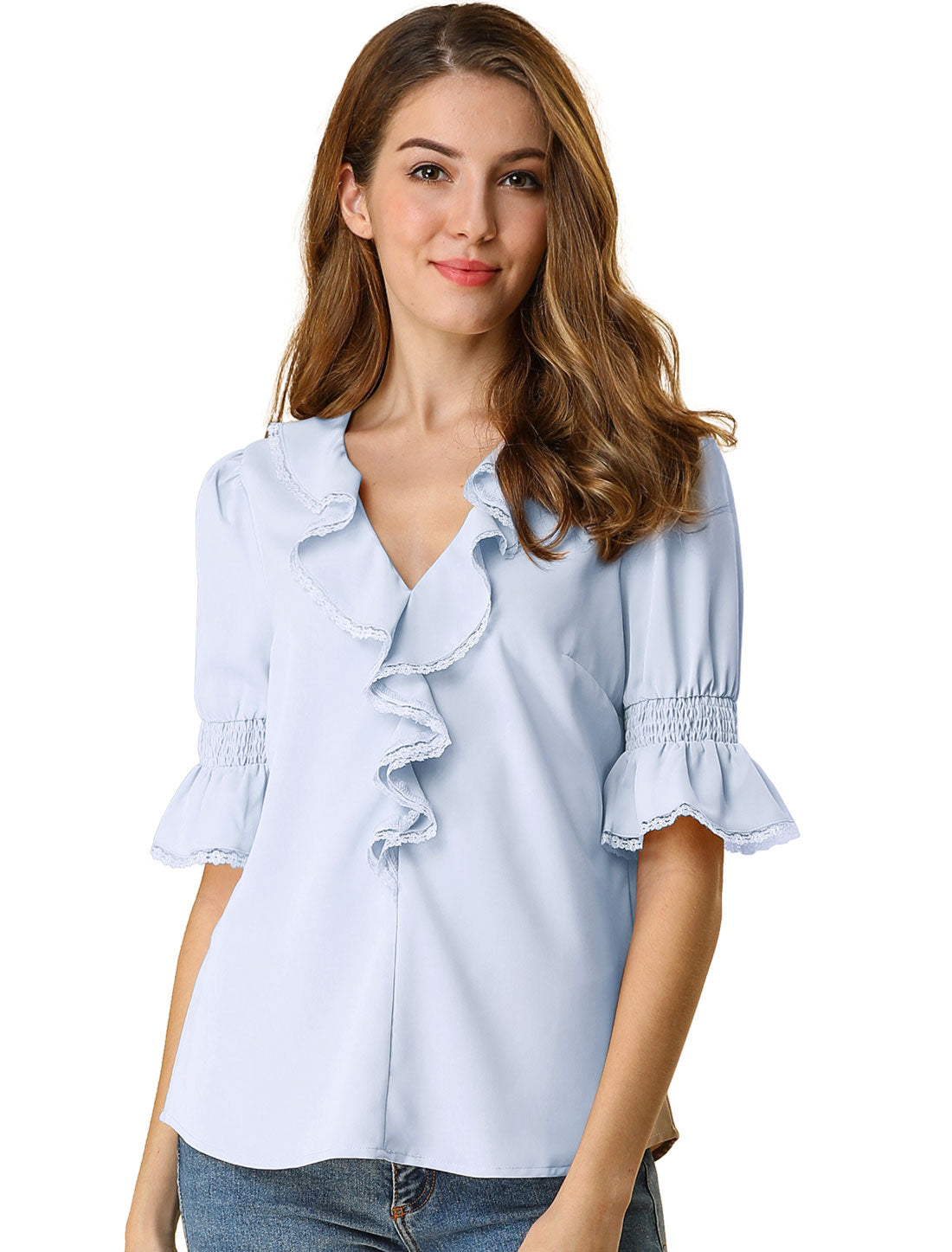Women's Ruffle V Neck Puff Sleeve Blouse Summer Casual Chiffon Top