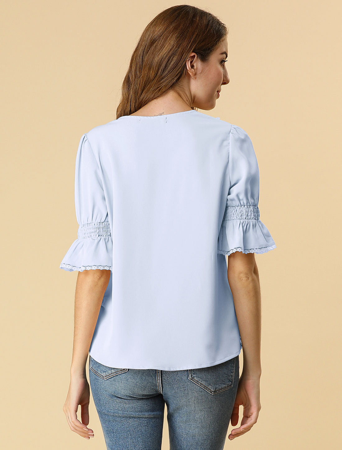 Women's Ruffle V Neck Puff Sleeve Blouse Summer Casual Chiffon Top