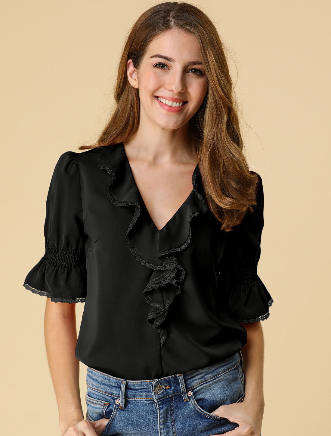 Women's Ruffle V Neck Puff Sleeve Blouse Summer Casual Chiffon Top (Available in Plus Size)