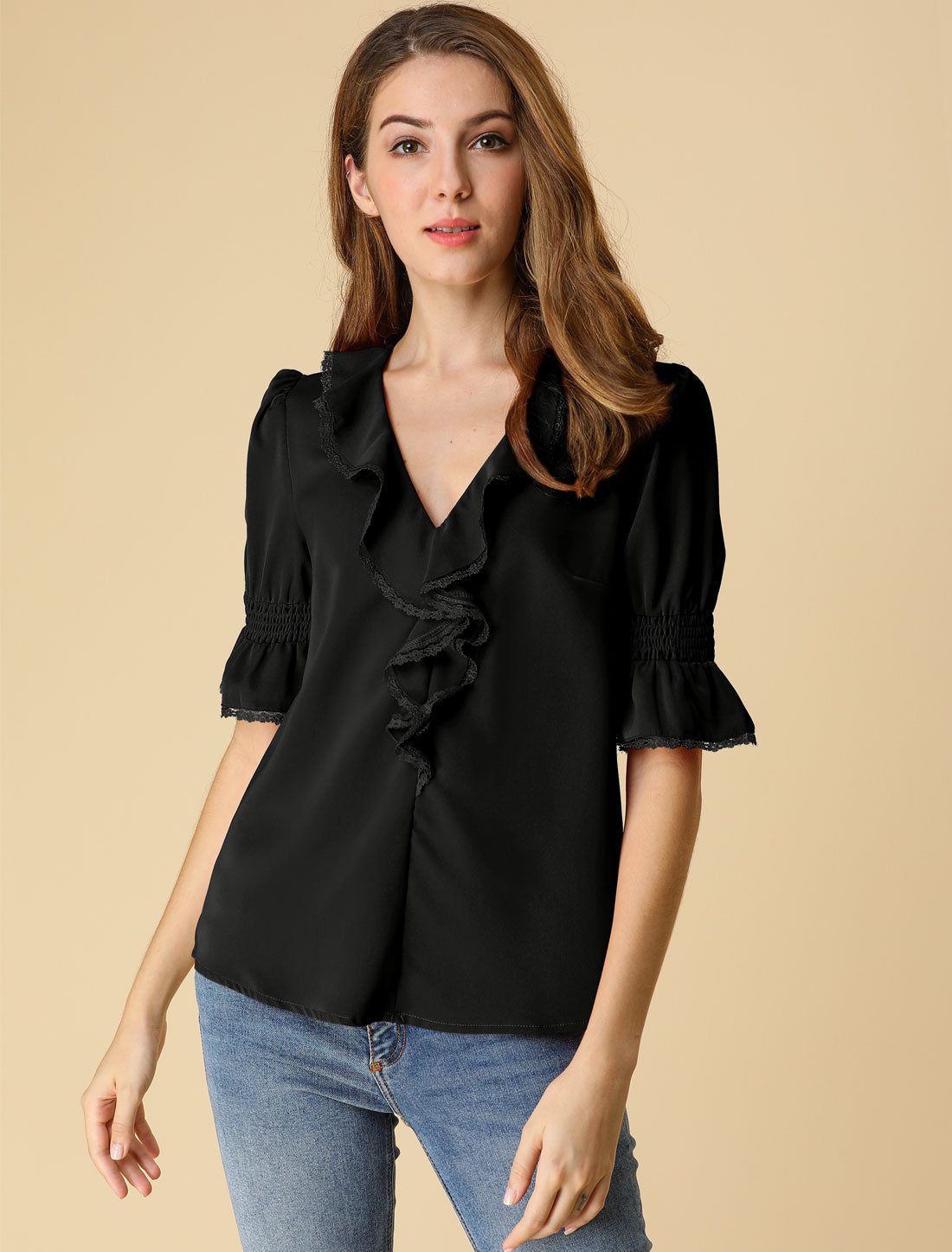 Women's Ruffle V Neck Puff Sleeve Blouse Summer Casual Chiffon Top (Available in Plus Size)