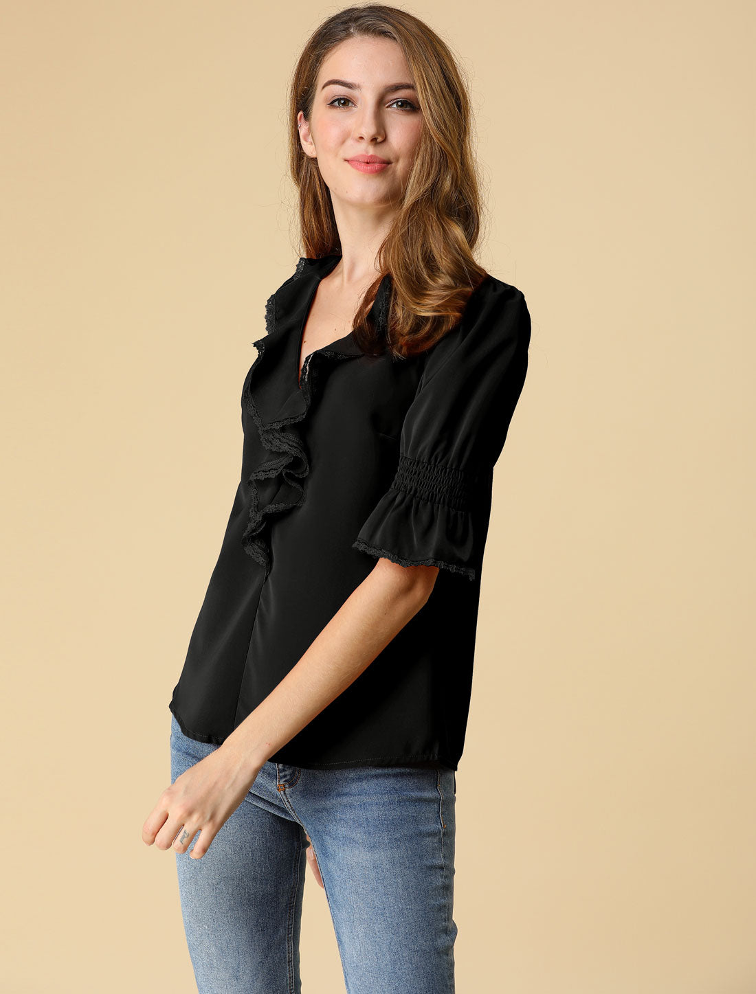 Women's Ruffle V Neck Puff Sleeve Blouse Summer Casual Chiffon Top (Available in Plus Size)