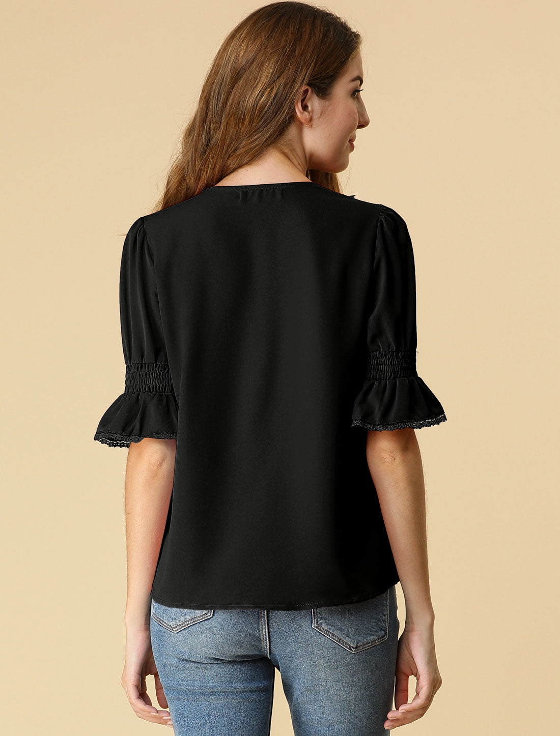 Women's Ruffle V Neck Puff Sleeve Blouse Summer Casual Chiffon Top (Available in Plus Size)