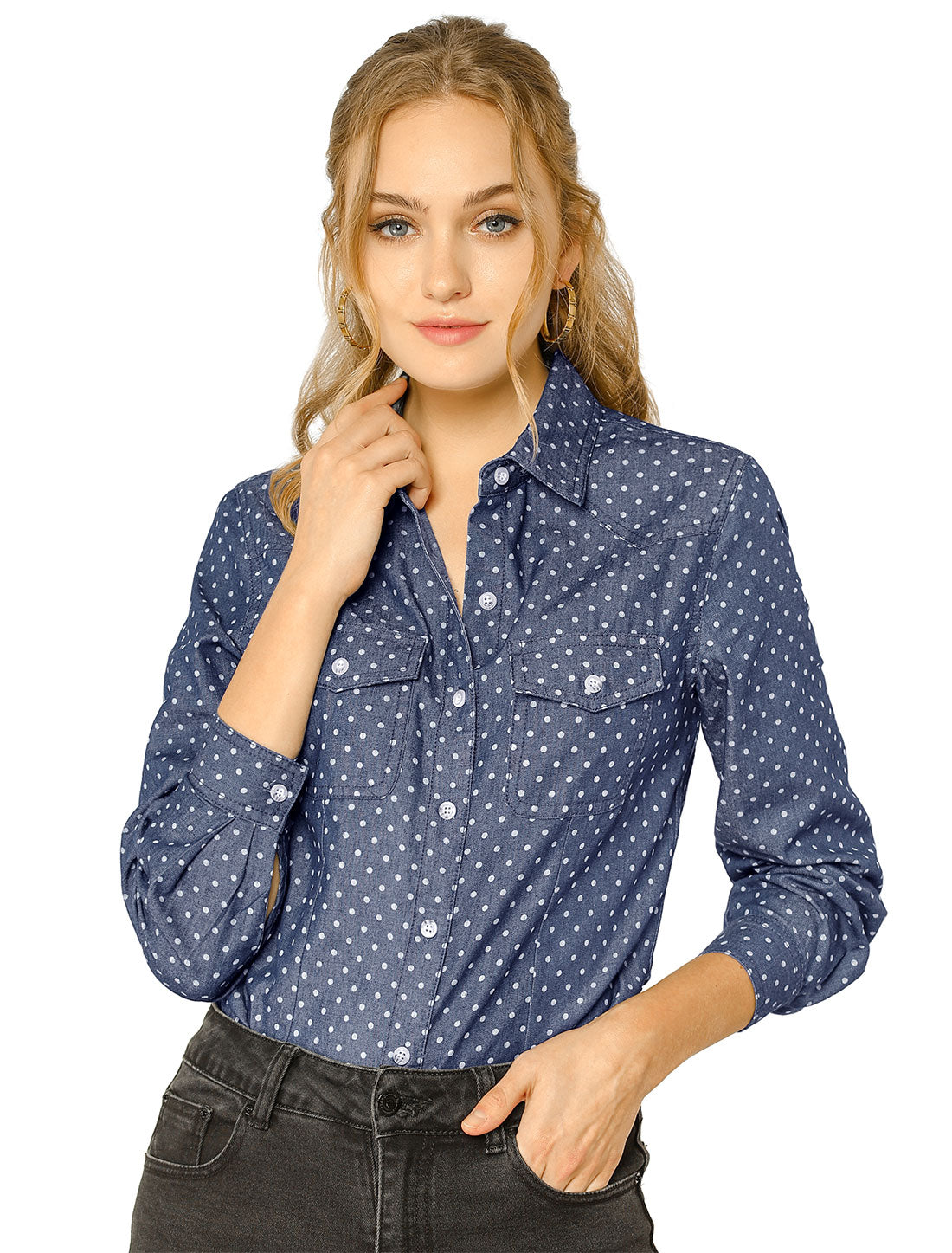 Women's Long Sleeve Point Collar Chambray Poplin Button Down Denim Shirt