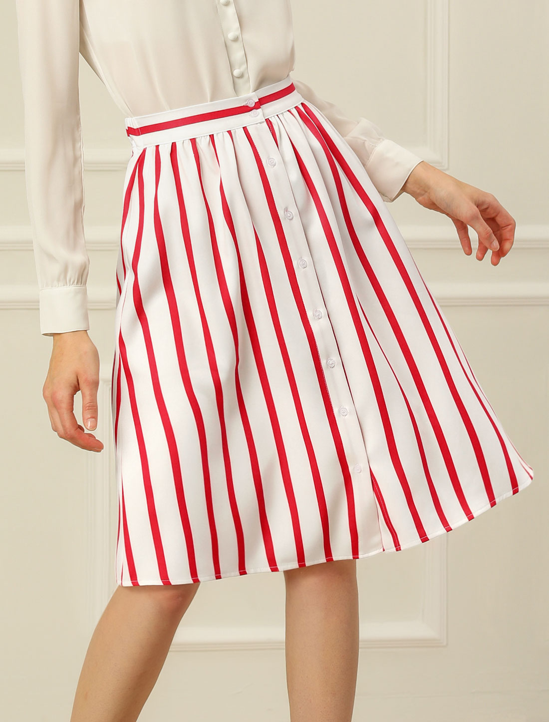 Women's Striped Button Front Elastic Back Waist A-Line Midi Skirt