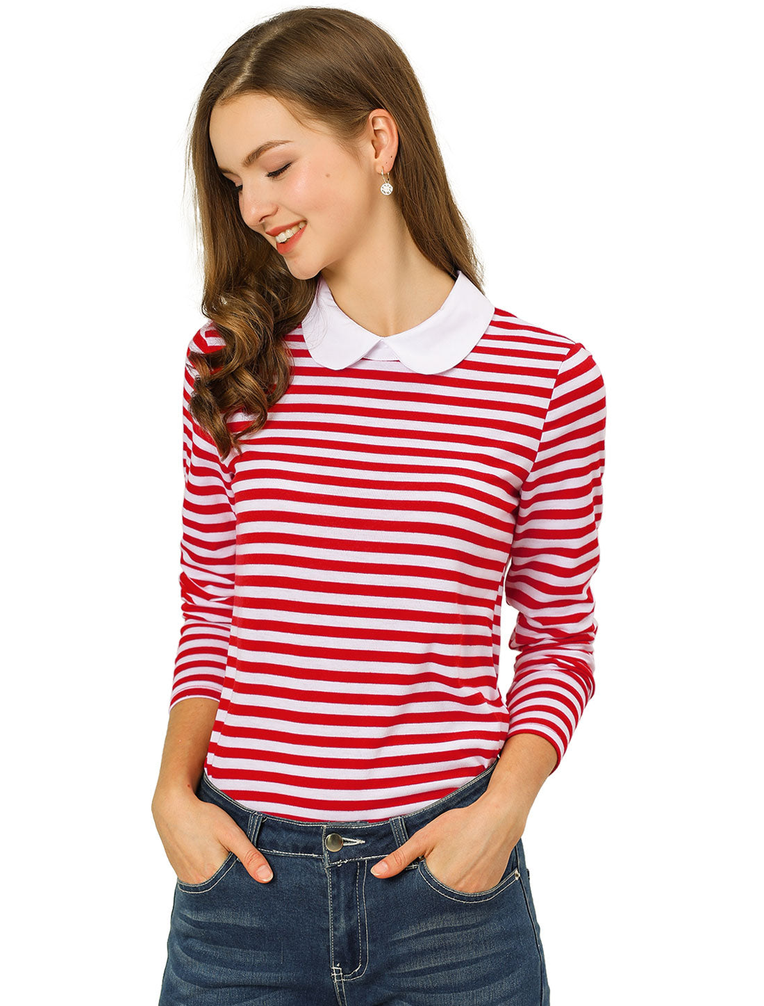 Women's Contrast Collar Long Sleeves Peter Pan Collar Striped Shirt Top