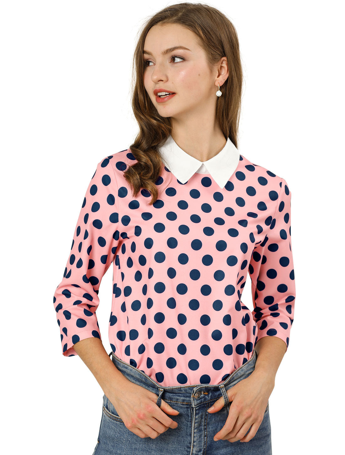 Women's Polka Dots Contrast Peter Pan Collar Top 3/4 Sleeves Blouse Shirt