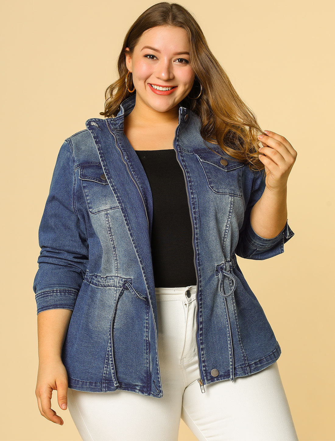 Women's Plus Size Denim Jacket Stretch Stand Collar Zip Drawstring Jean Jacket