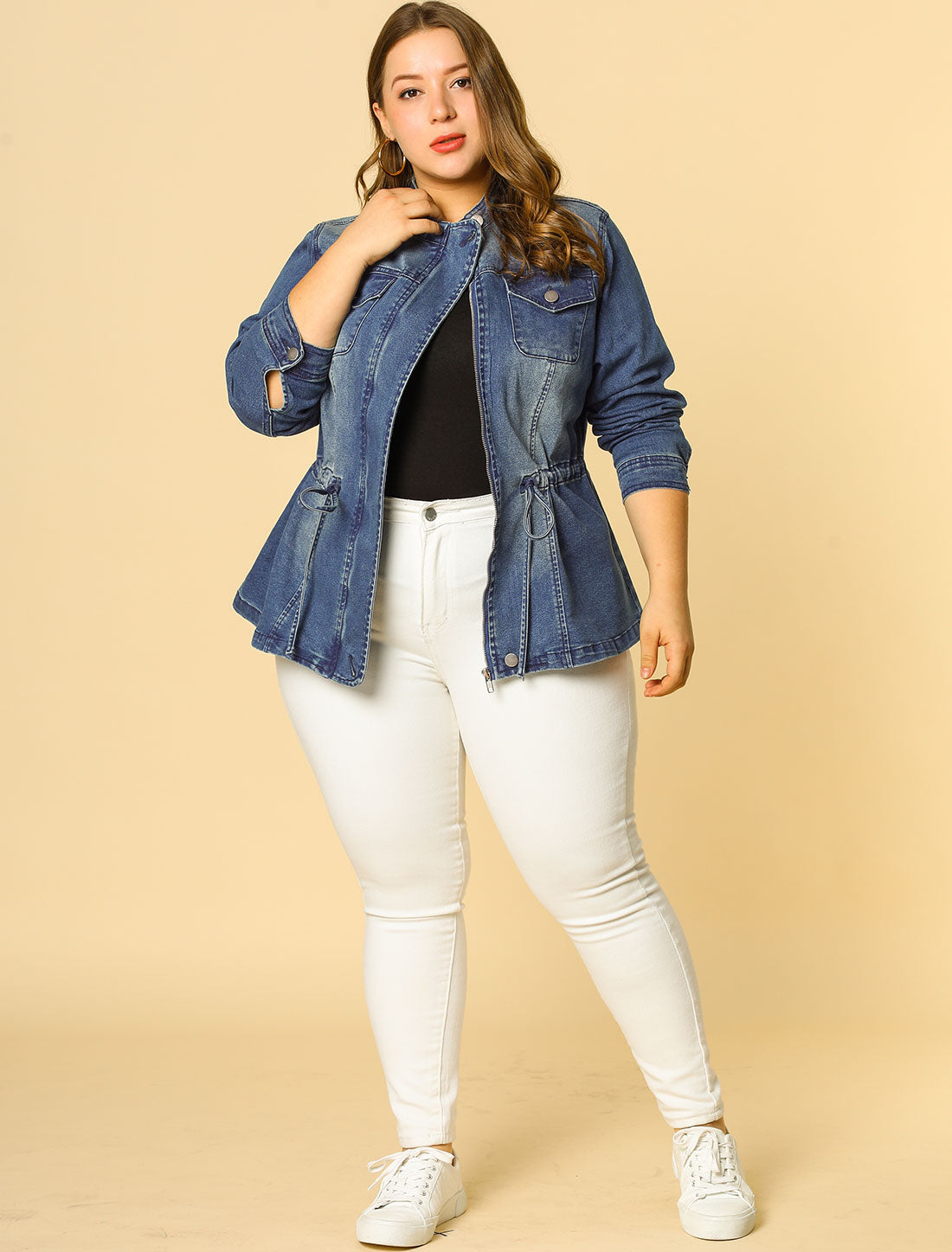 Women's Plus Size Denim Jacket Stretch Stand Collar Zip Drawstring Jean Jacket