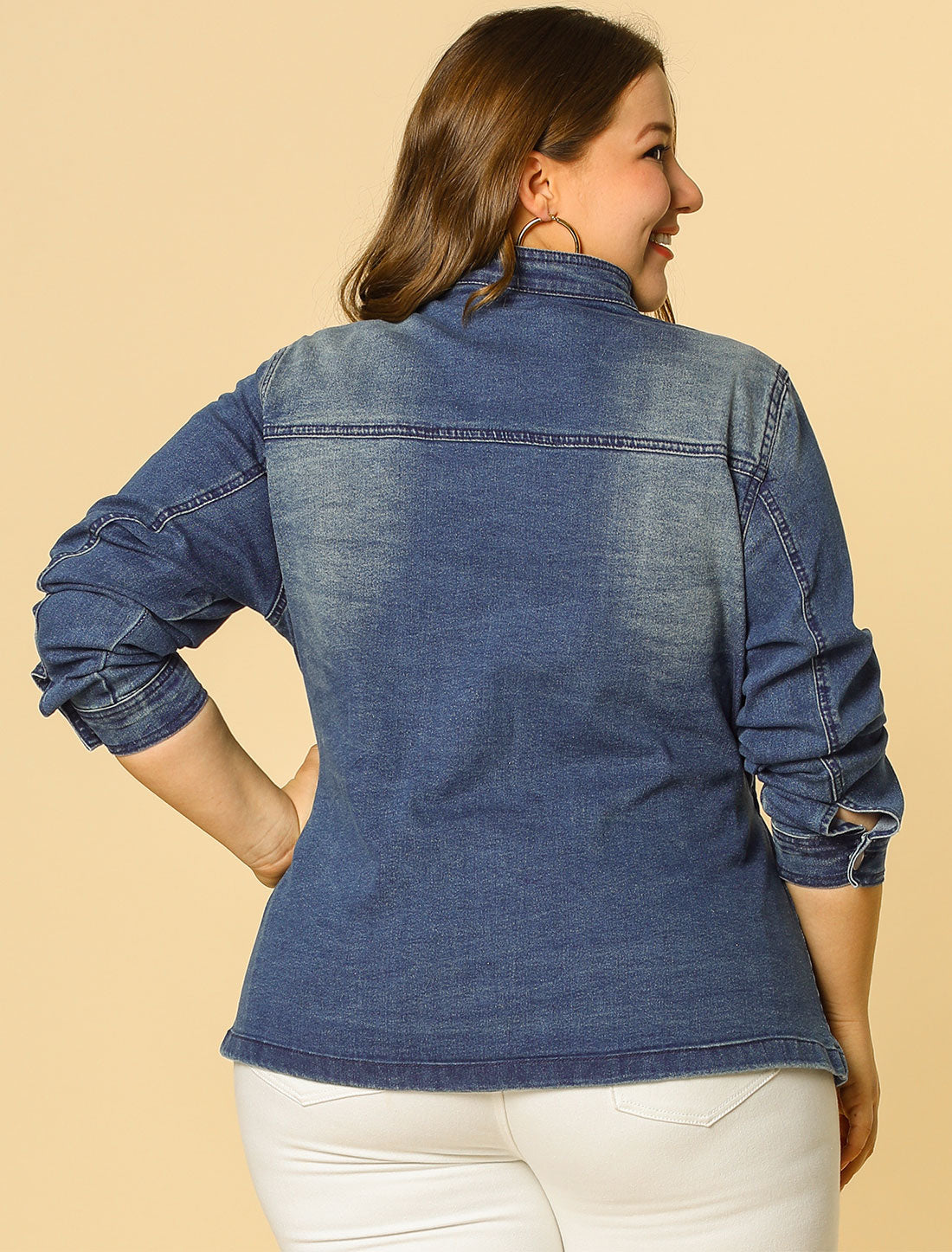 Women's Plus Size Denim Jacket Stretch Stand Collar Zip Drawstring Jean Jacket