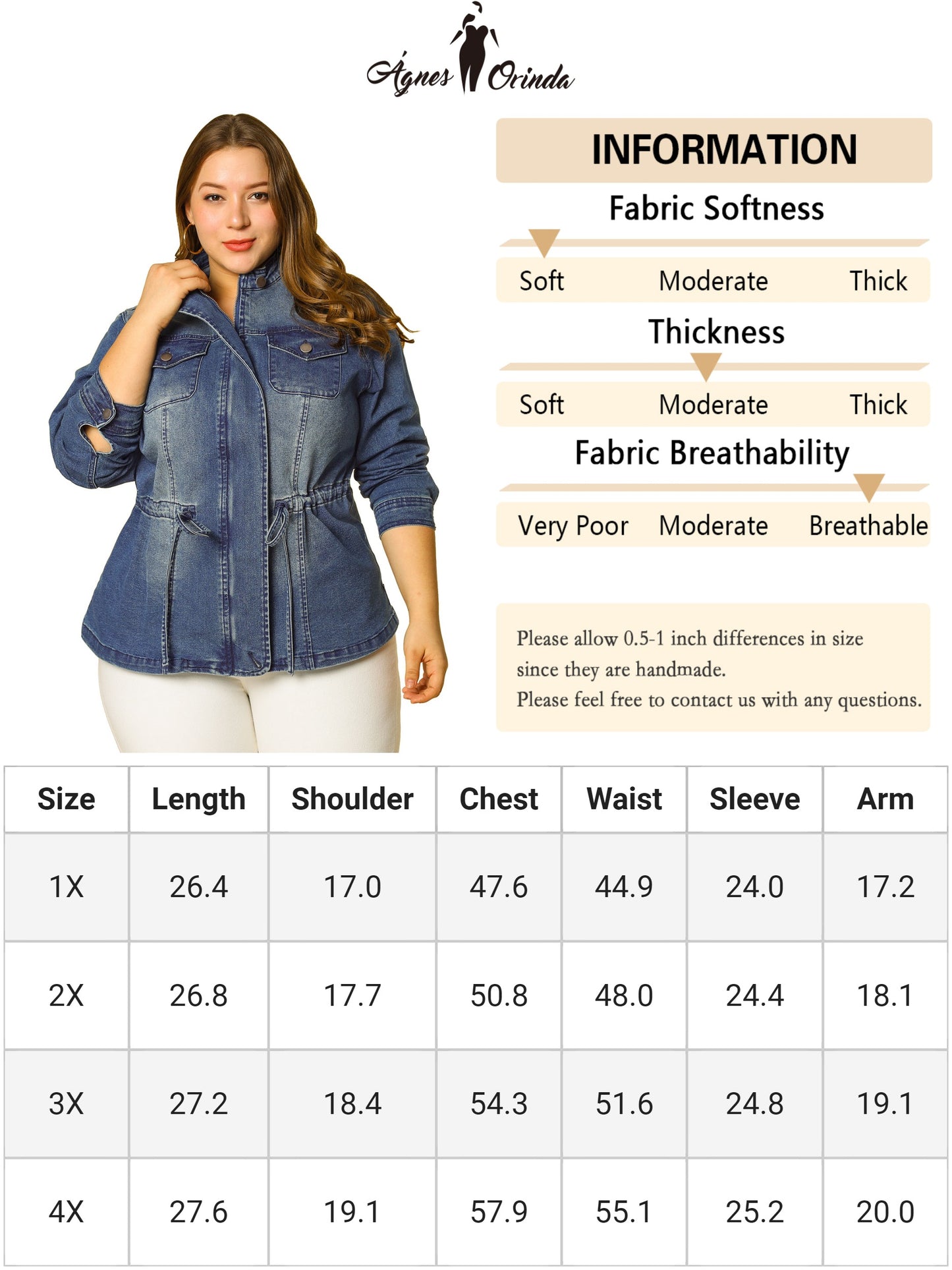 Women's Plus Size Denim Jacket Stretch Stand Collar Zip Drawstring Jean Jacket