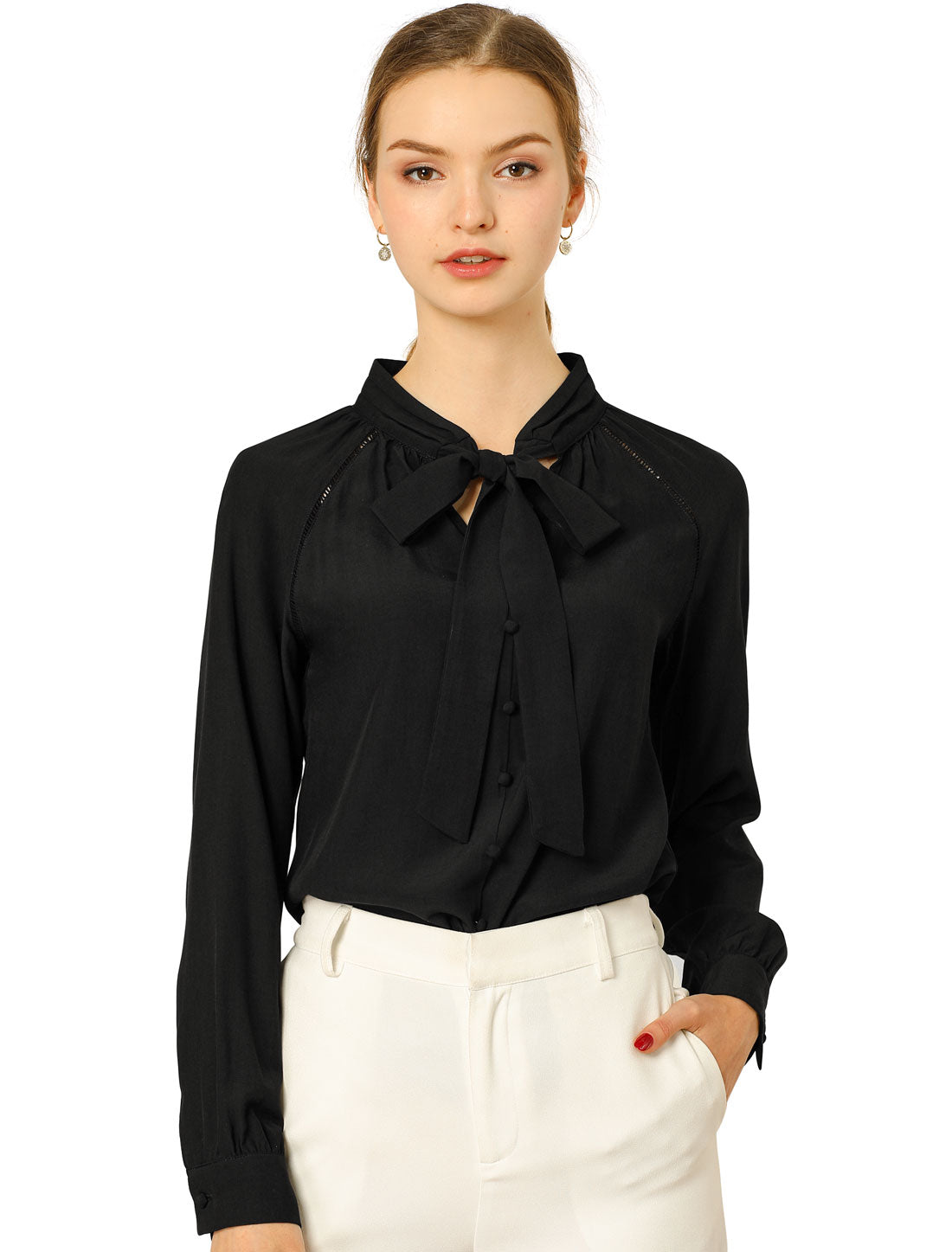 Women's Work Office Tops Bow Tie Neck Button Decor Long Sleeve Shirt Blouse