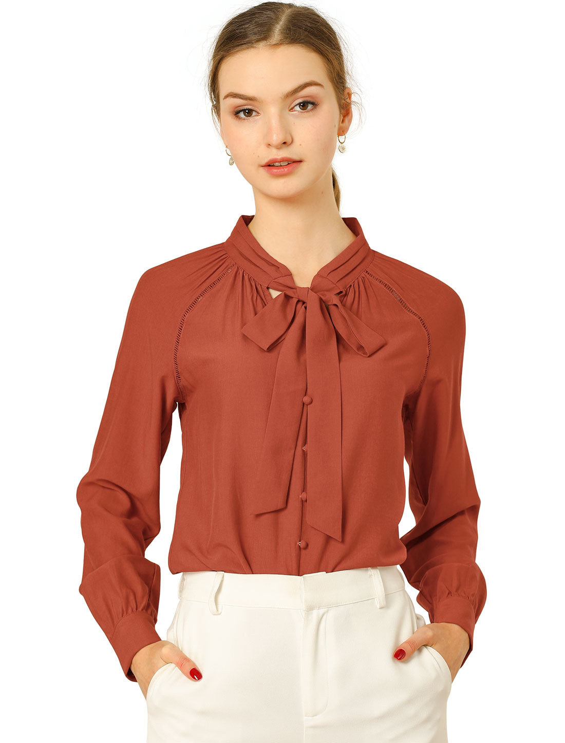Women's Work Office Tops Bow Tie Neck Button Decor Long Sleeve Shirt Blouse