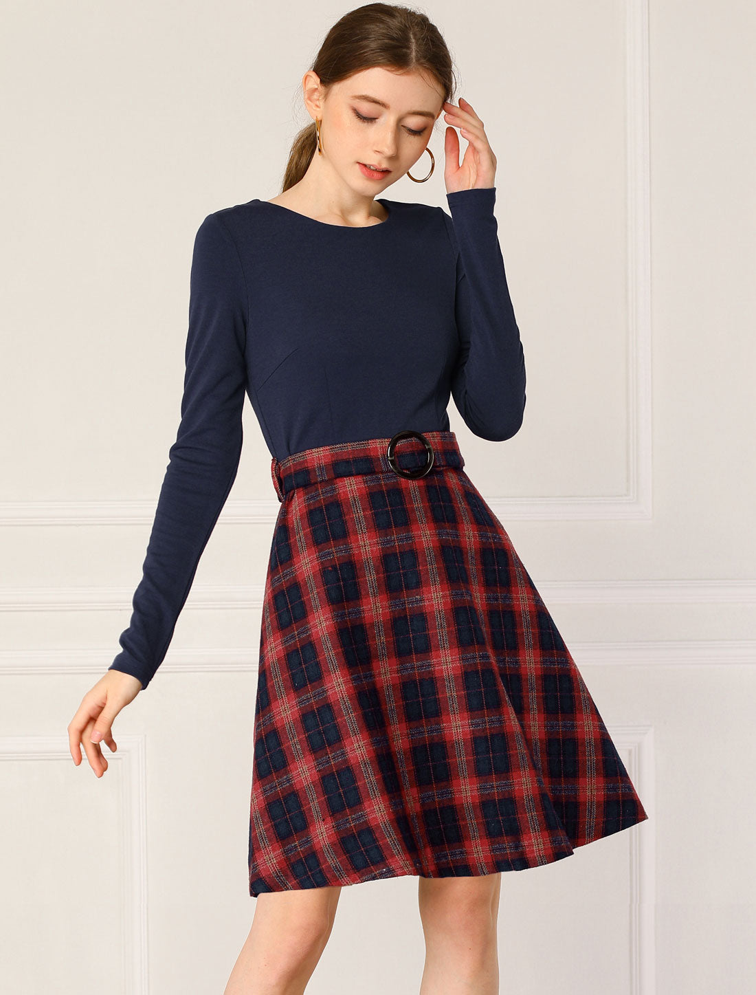 Women's Plaid Long Sleeve Round Neck Belted Tartan A-Lined Dress