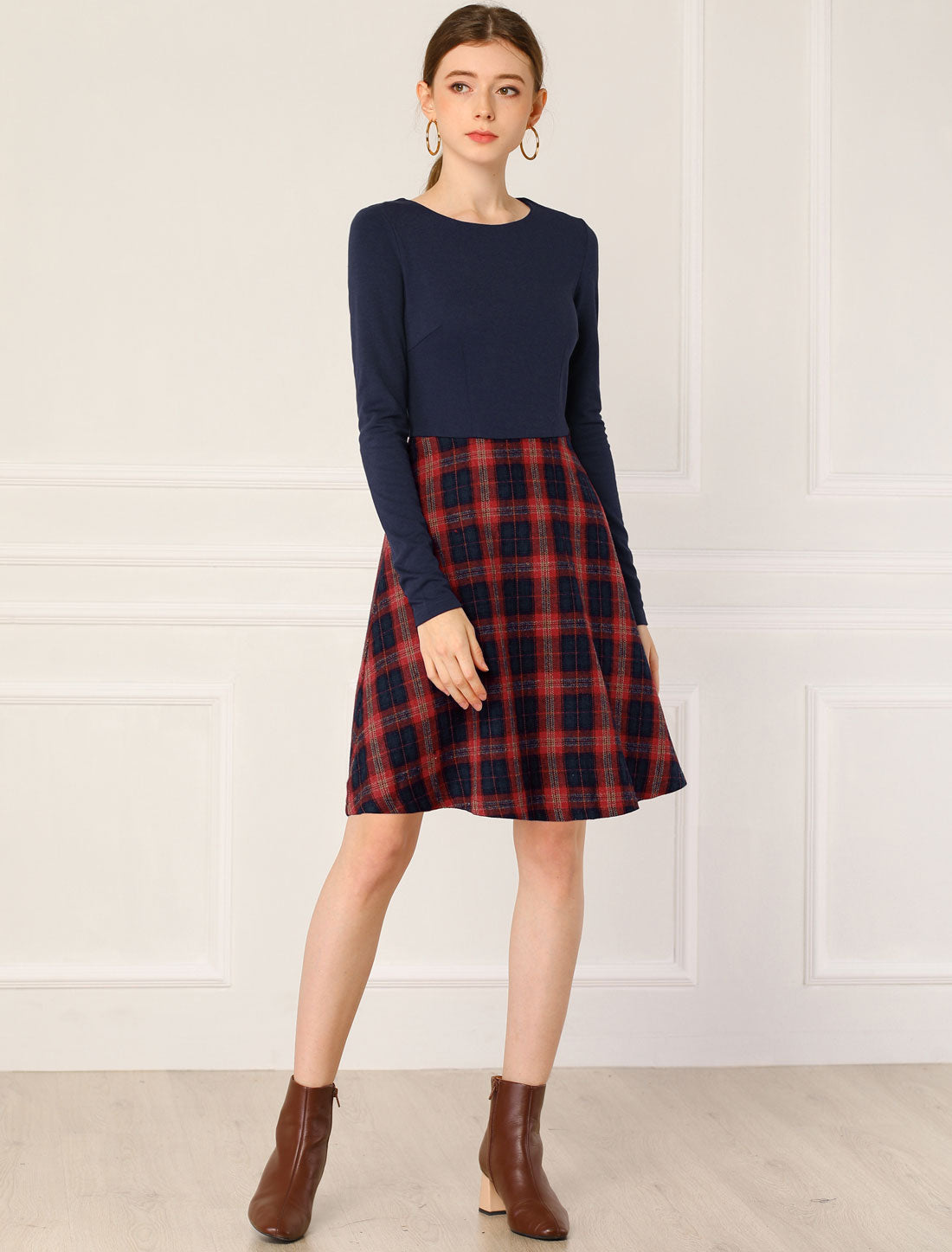 Women's Plaid Long Sleeve Round Neck Belted Tartan A-Lined Dress