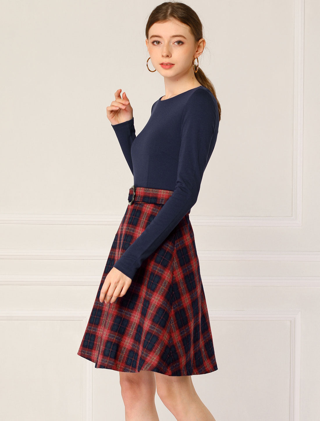 Women's Plaid Long Sleeve Round Neck Belted Tartan A-Lined Dress