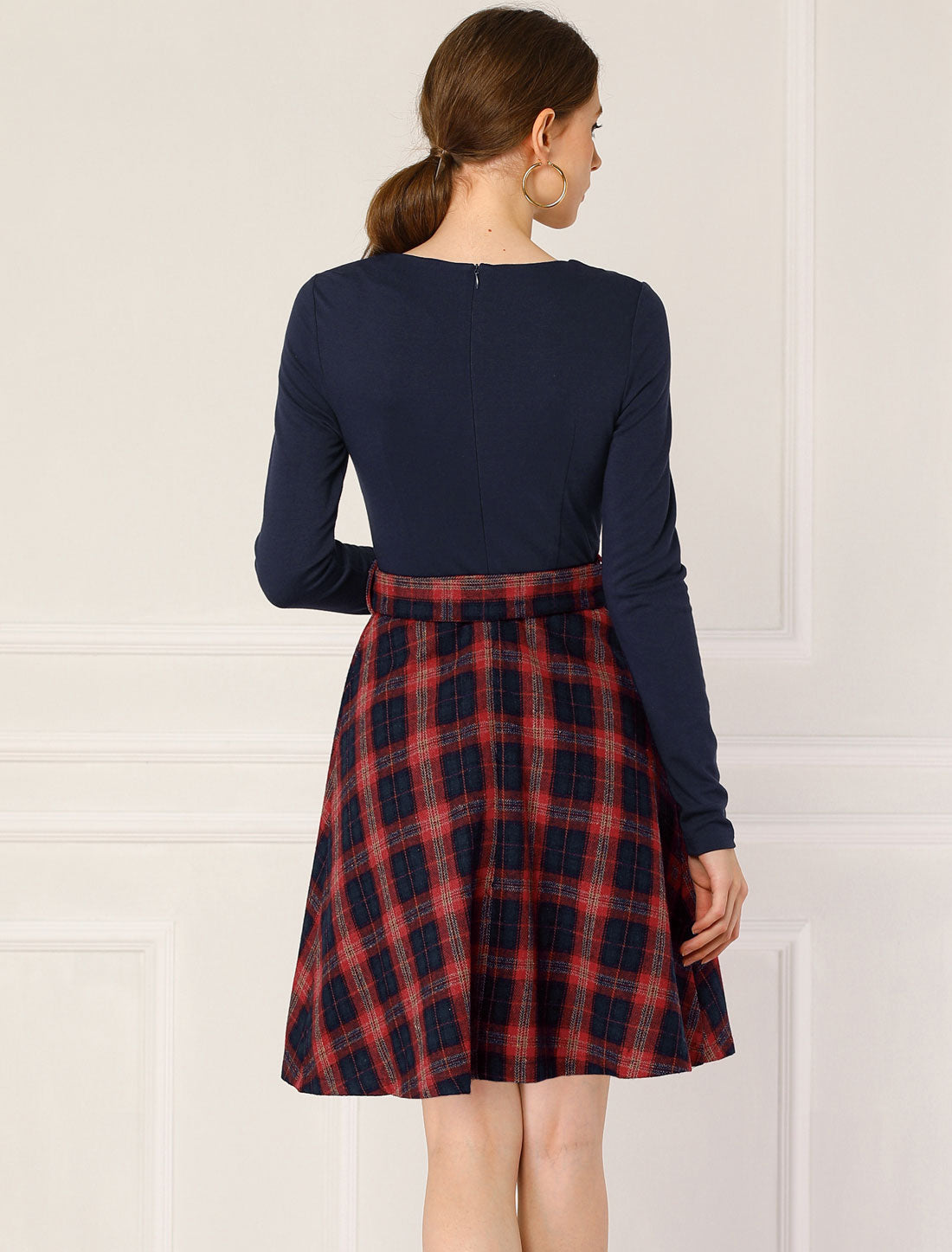 Women's Plaid Long Sleeve Round Neck Belted Tartan A-Lined Dress