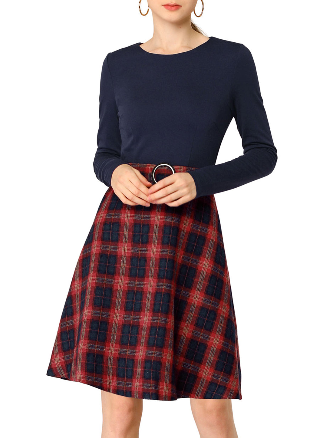 Women's Plaid Long Sleeve Round Neck Belted Tartan A-Lined Dress