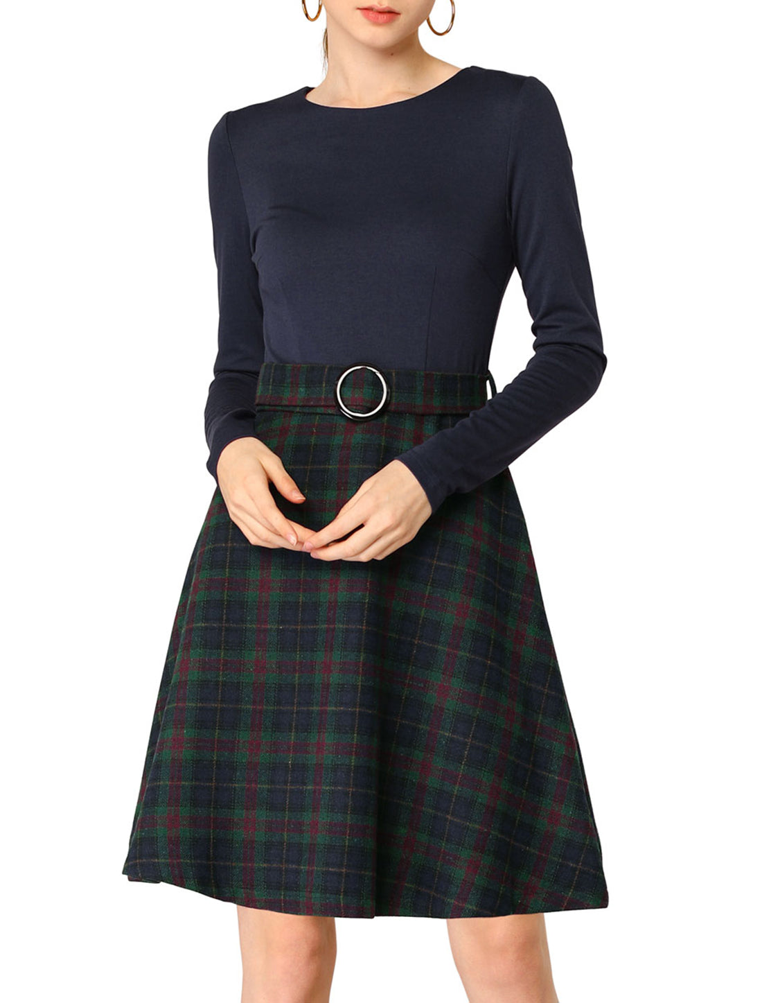 Women's Plaid Long Sleeve Round Neck Belted Tartan A-Lined Dress