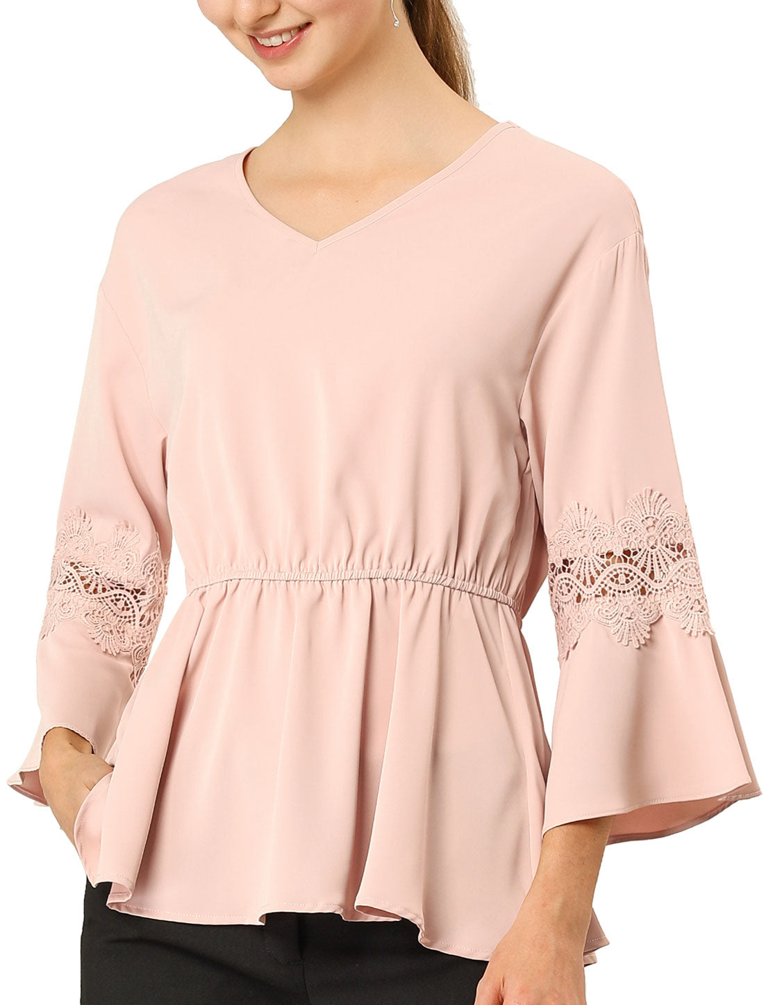 Blusa peplum con escote en V y encaje de crochet para mujer para oficina