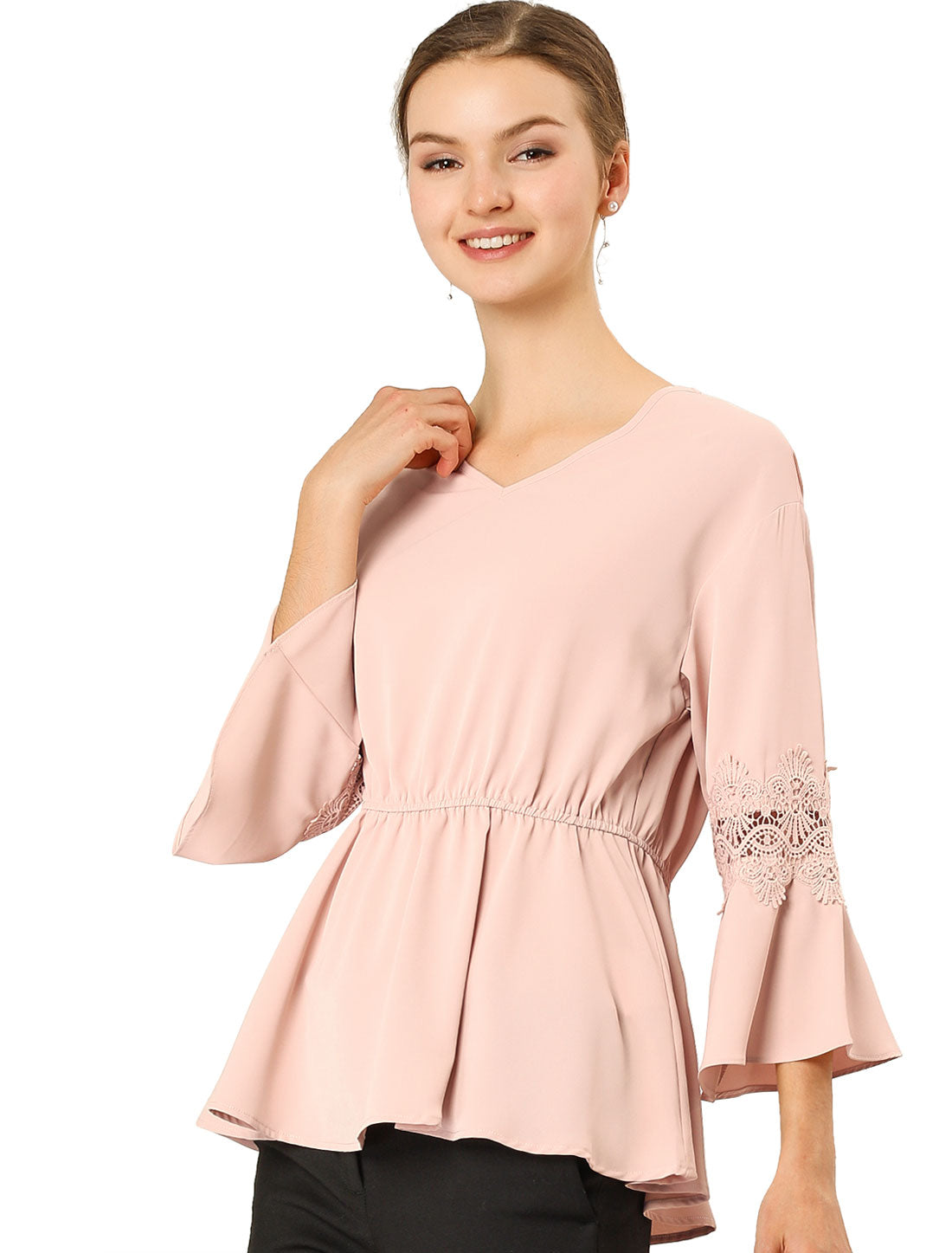Blusa peplum con escote en V y encaje de crochet para mujer para oficina