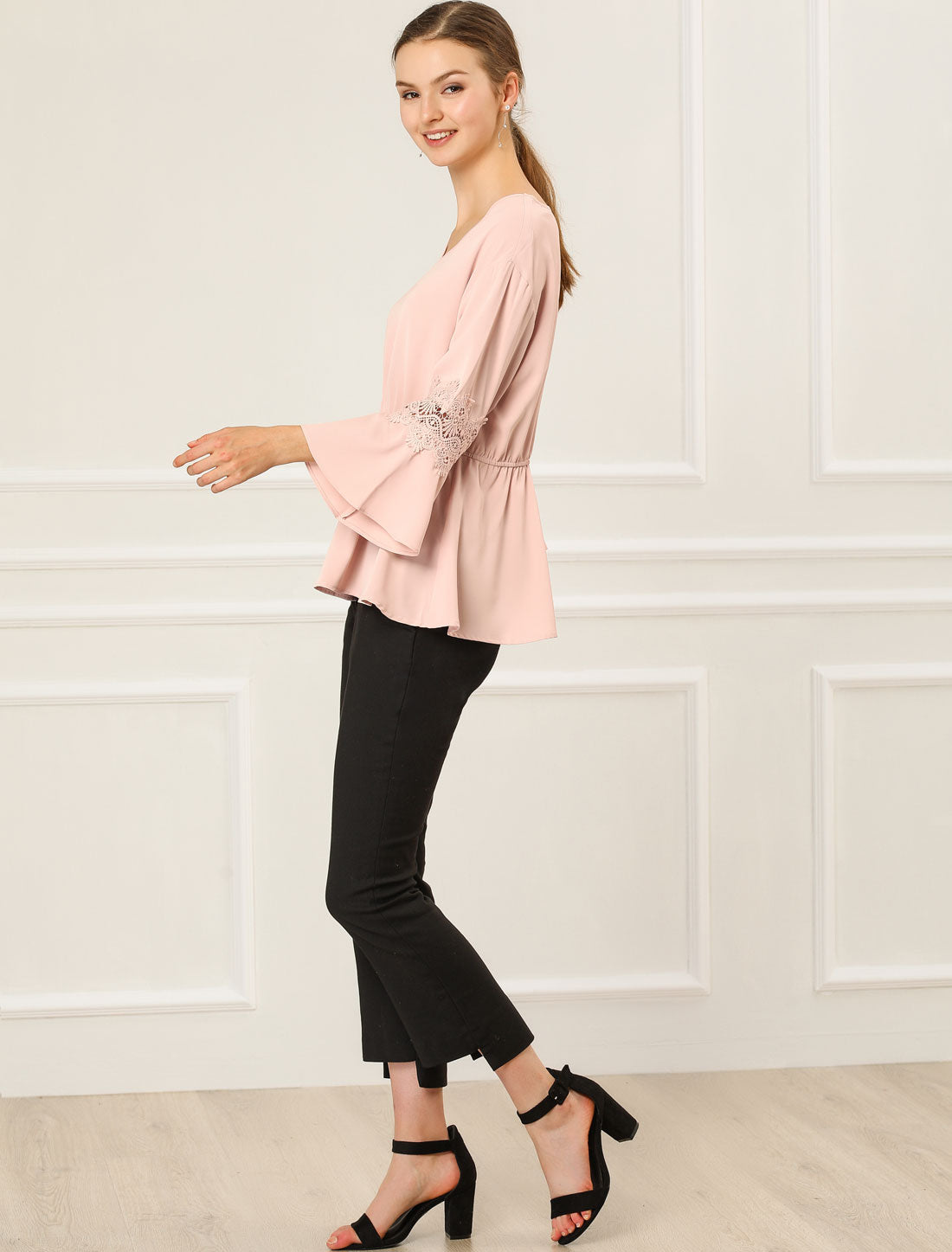 Blusa peplum con escote en V y encaje de crochet para mujer para oficina