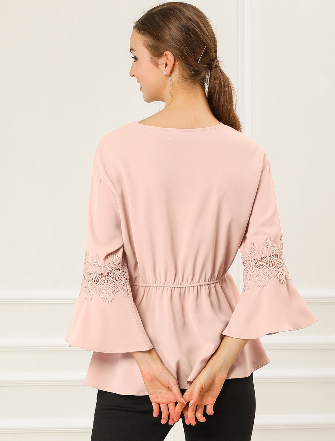 Blusa peplum con escote en V y encaje de crochet para mujer para oficina