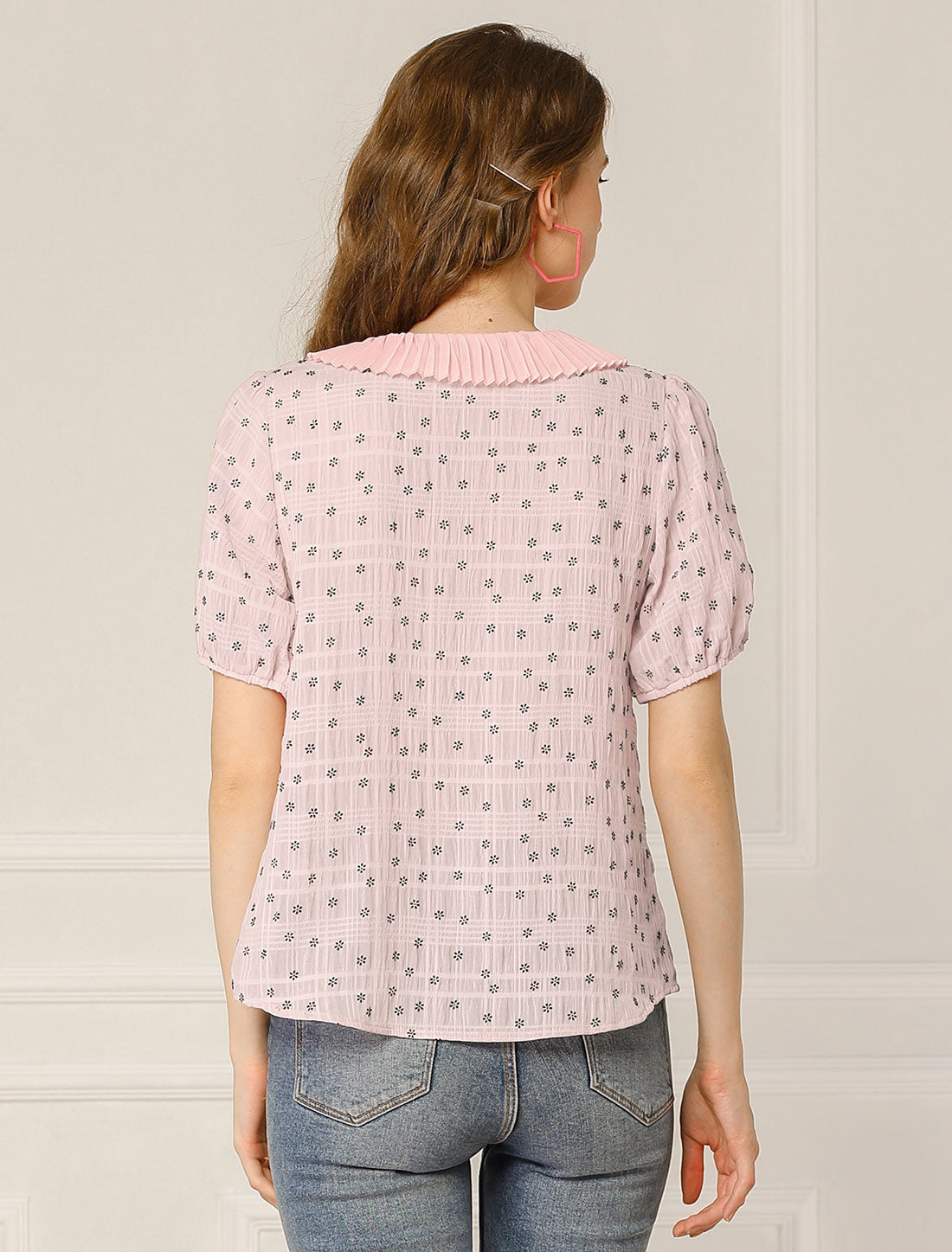 Blusa informal de manga corta con botones y cuello plisado para mujer, estilo diario, con estampado floral